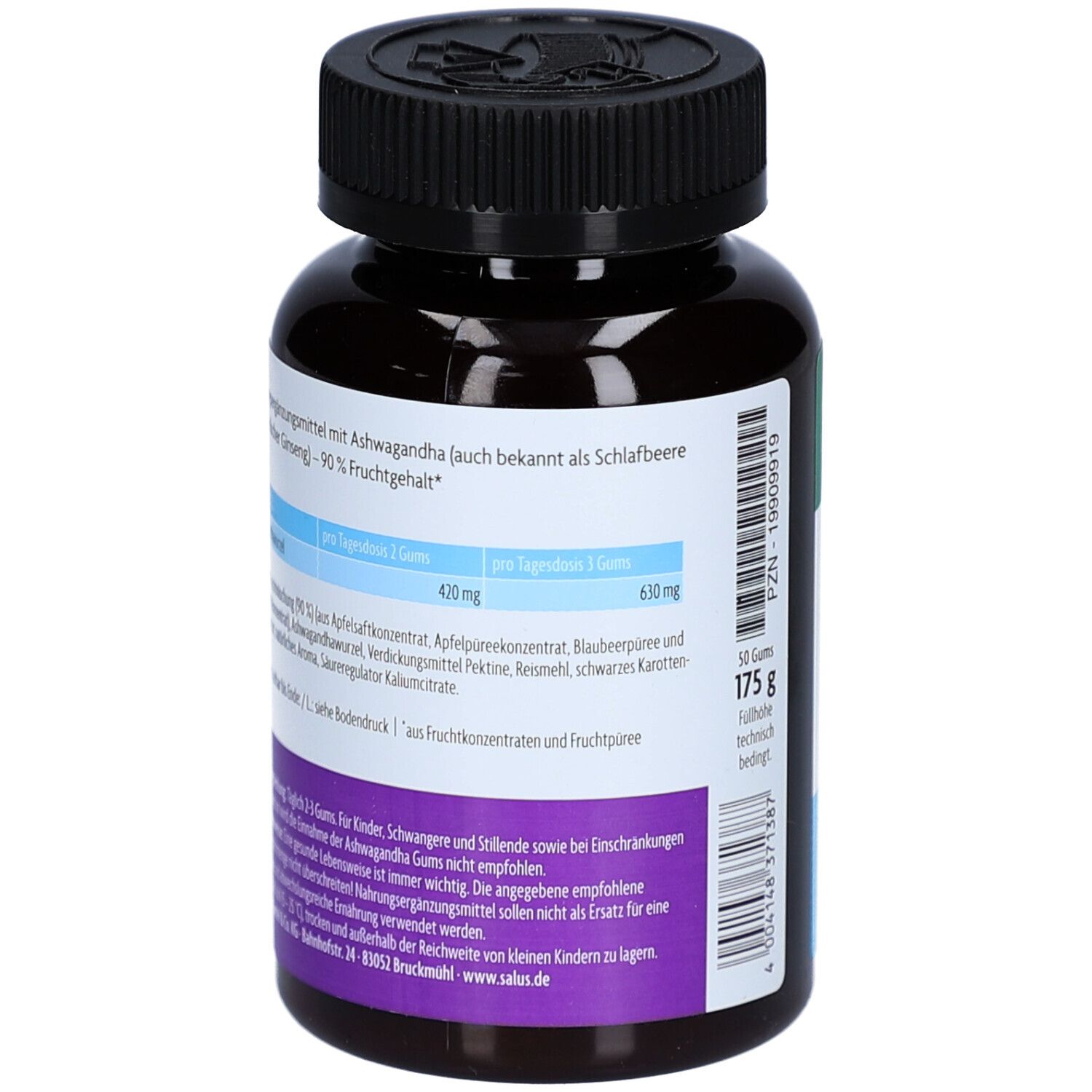 Braune Flasche mit Salus Ashwagandha Gums. Aufschrift: 175 g. Zutatenliste. Informationen zur Anwendung. Warnhinweise für Kinder und Schwangere.