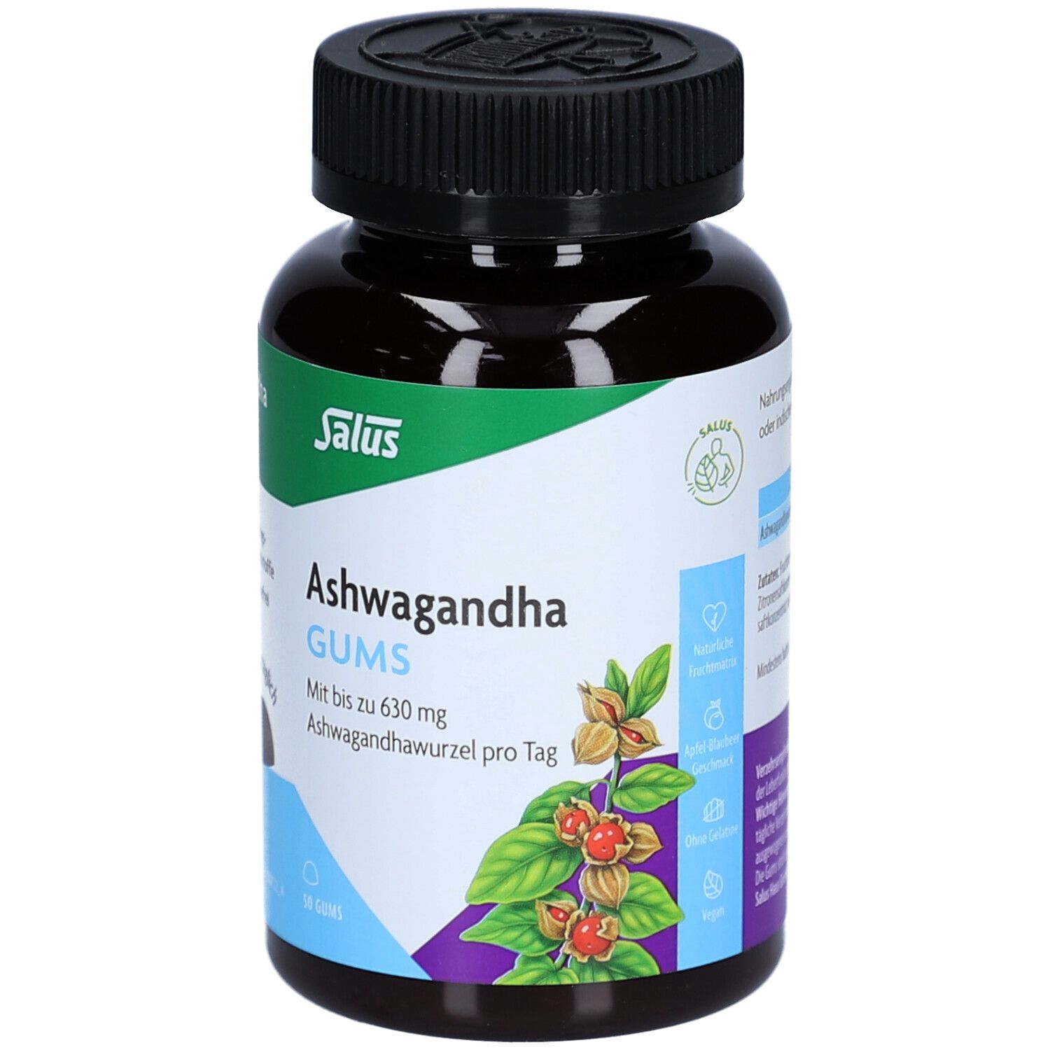 Braune Flasche mit Salus Ashwagandha Gums. Aufschrift: Mit bis zu 630 mg Ashwagandhawurzel pro Tag. 50 Gums. Vegan. Natürliche Inhaltsstoffe.