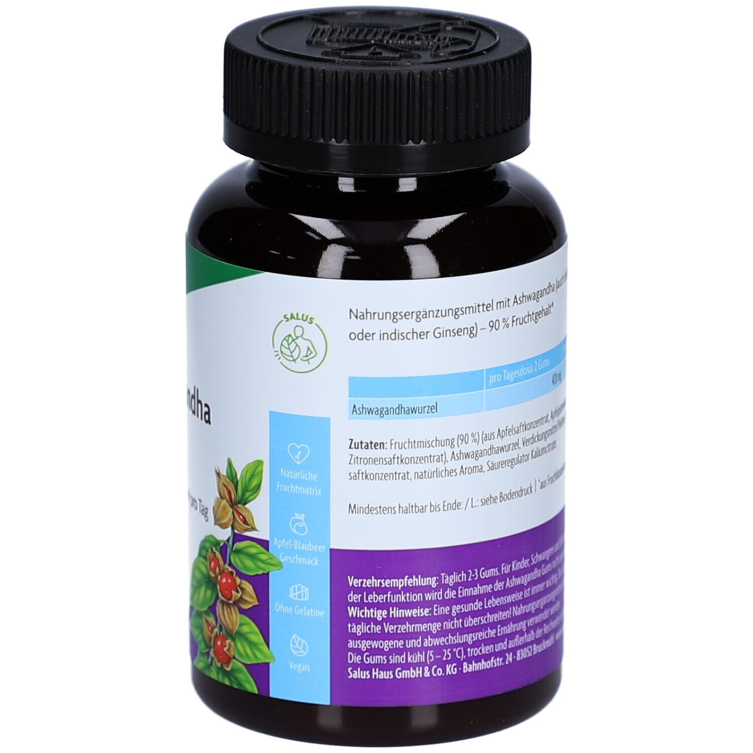 Braune Flasche mit Salus Ashwagandha Gums. Aufschrift: Nahrungsergänzungsmittel. 90% Fruchtgehalt. Zutatenliste. Vegan. Natürliche Inhaltsstoffe.
