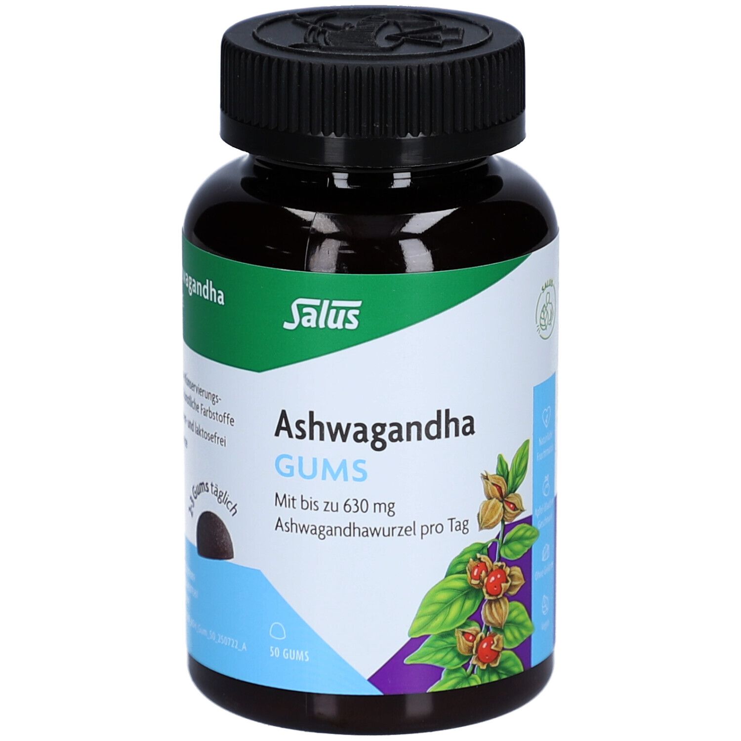 Braune Flasche mit Salus Ashwagandha Gums. Aufschrift: 50 Gums. 24 Gums täglich. Mit bis zu 630 mg Ashwagandhawurzel pro Tag. Vegan.