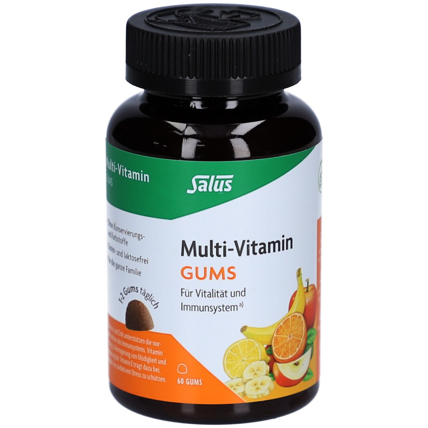 Braune Flasche mit schwarzen Deckel. Aufschrift: Multi-Vitamin GUMS. Abbildung von Früchten. 60 GUMS.