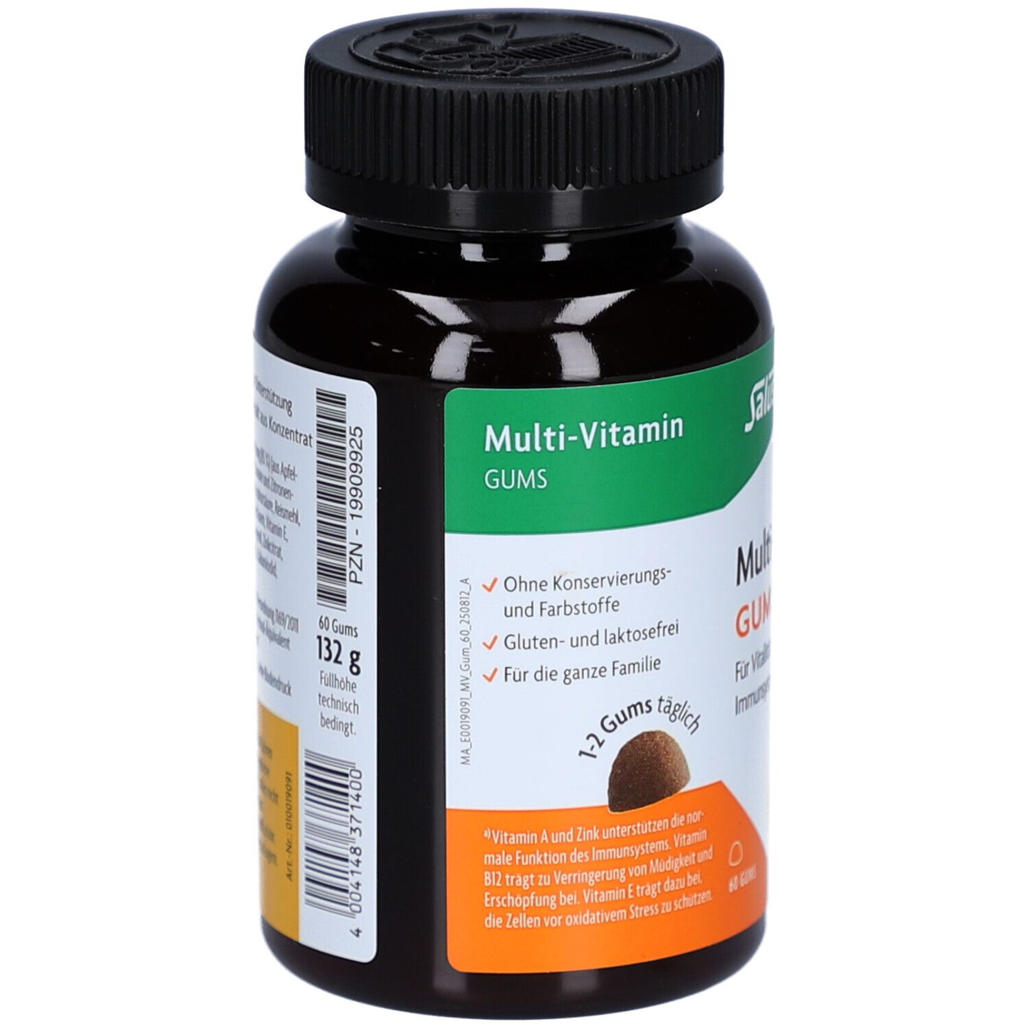 Braune Flasche mit schwarzem Deckel. Aufschrift: Multi-Vitamin GUMS. 60 Gums, 132 g. Text über Inhaltsstoffe.