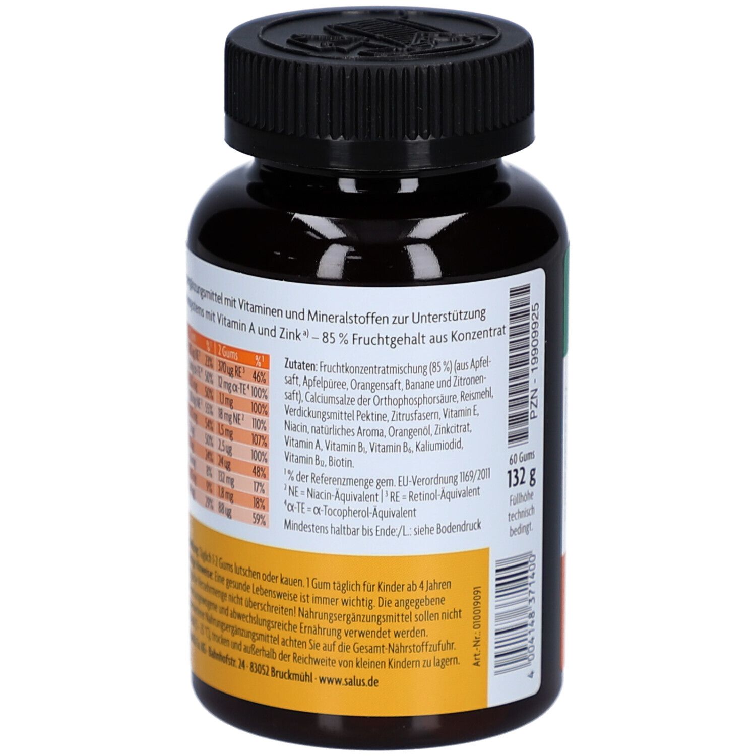 Rückseite der Flasche. Text über Inhaltsstoffe und Nährwerte. 60 Gums, 132 g.