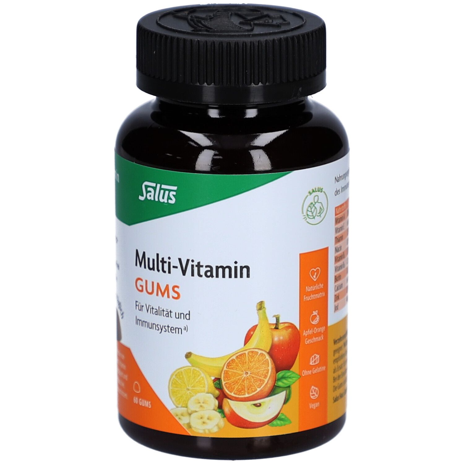 Braune Flasche mit schwarzem Deckel. Aufschrift: Multi-Vitamin GUMS. Abbildung von Früchten. 60 GUMS.