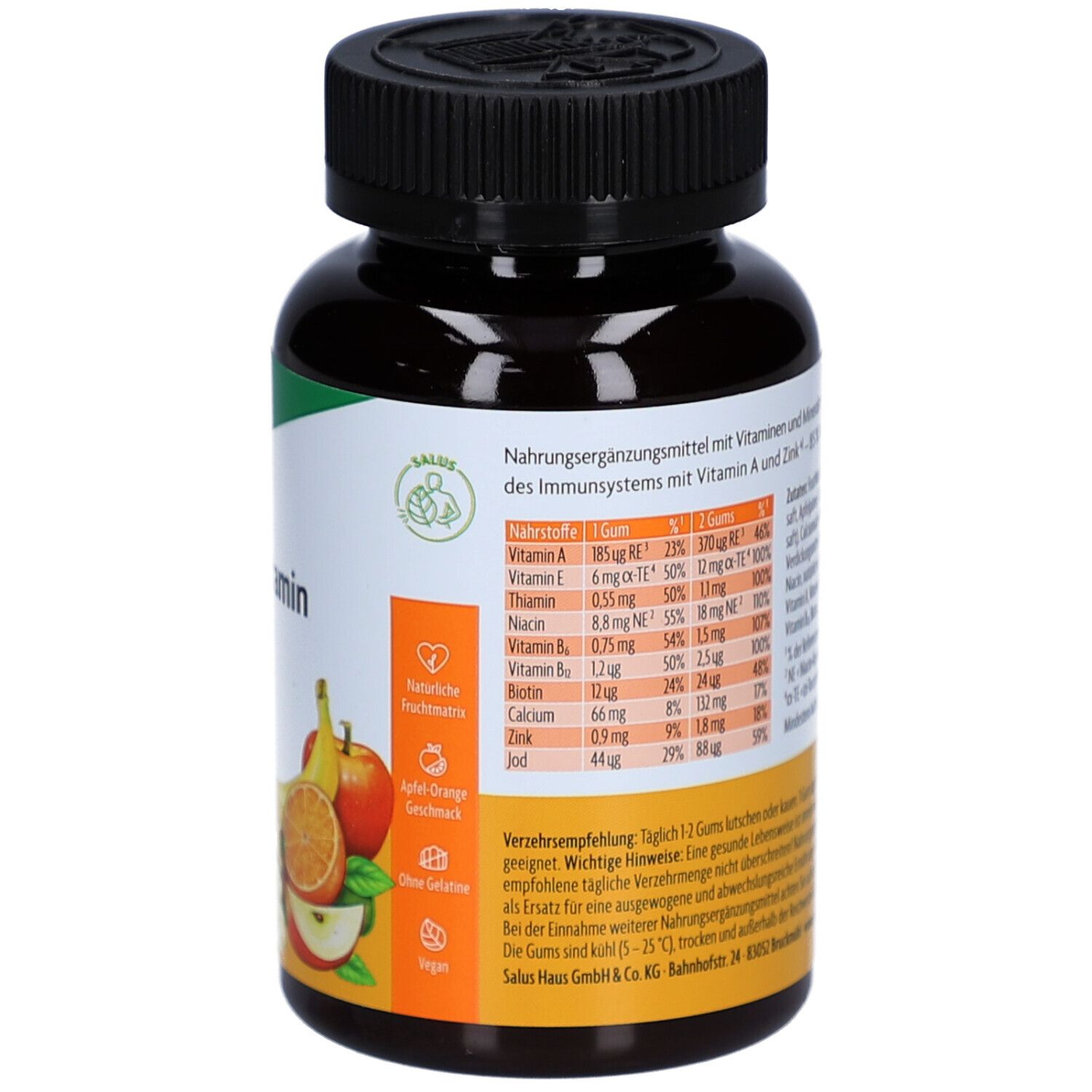 Rückseite der Flasche. Text über Nährstoffe und empfohlene Tagesdosis. Abbildung von Früchten.