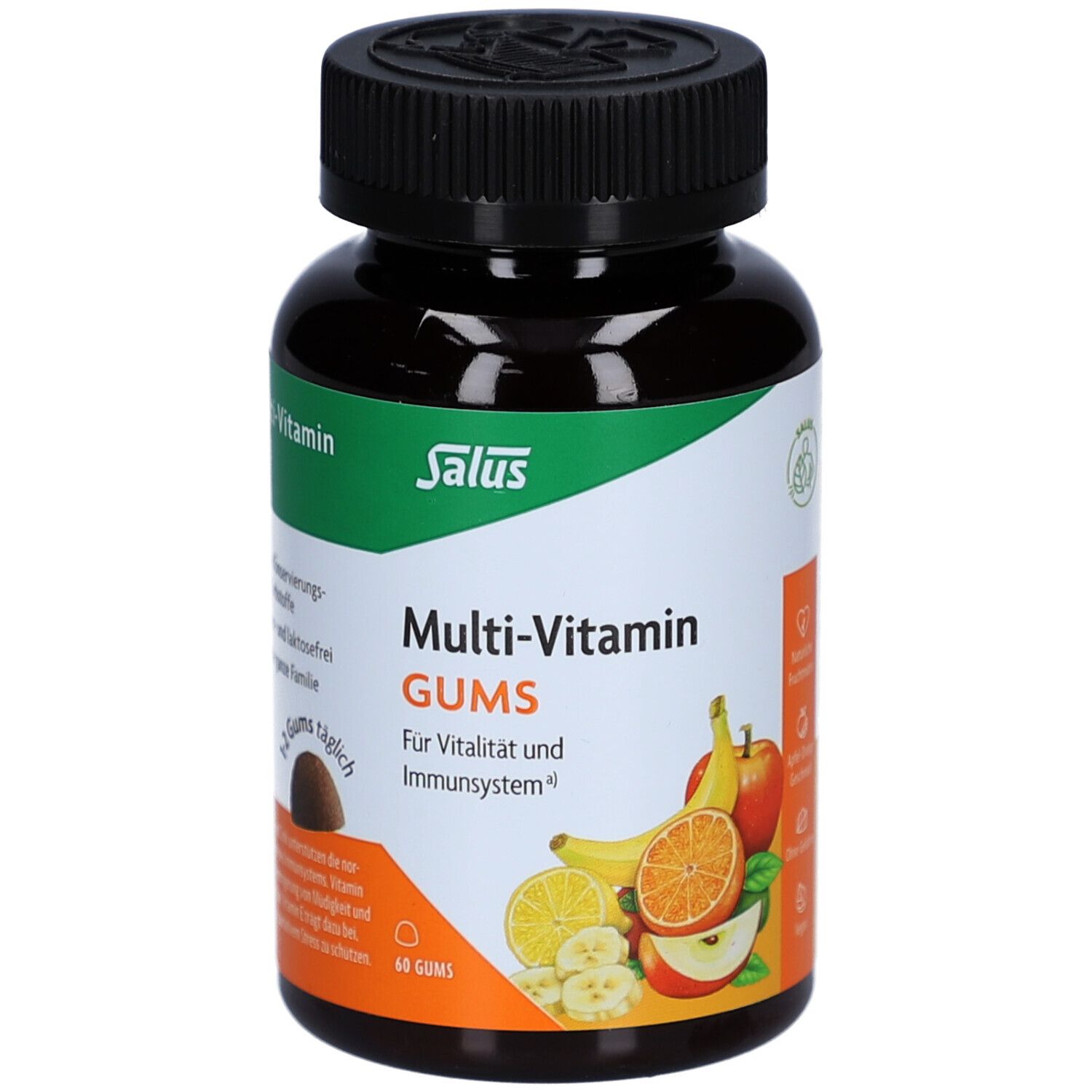 Braune Flasche mit schwarzem Deckel. Aufschrift: Multi-Vitamin GUMS. Abbildung von Früchten. 60 GUMS.