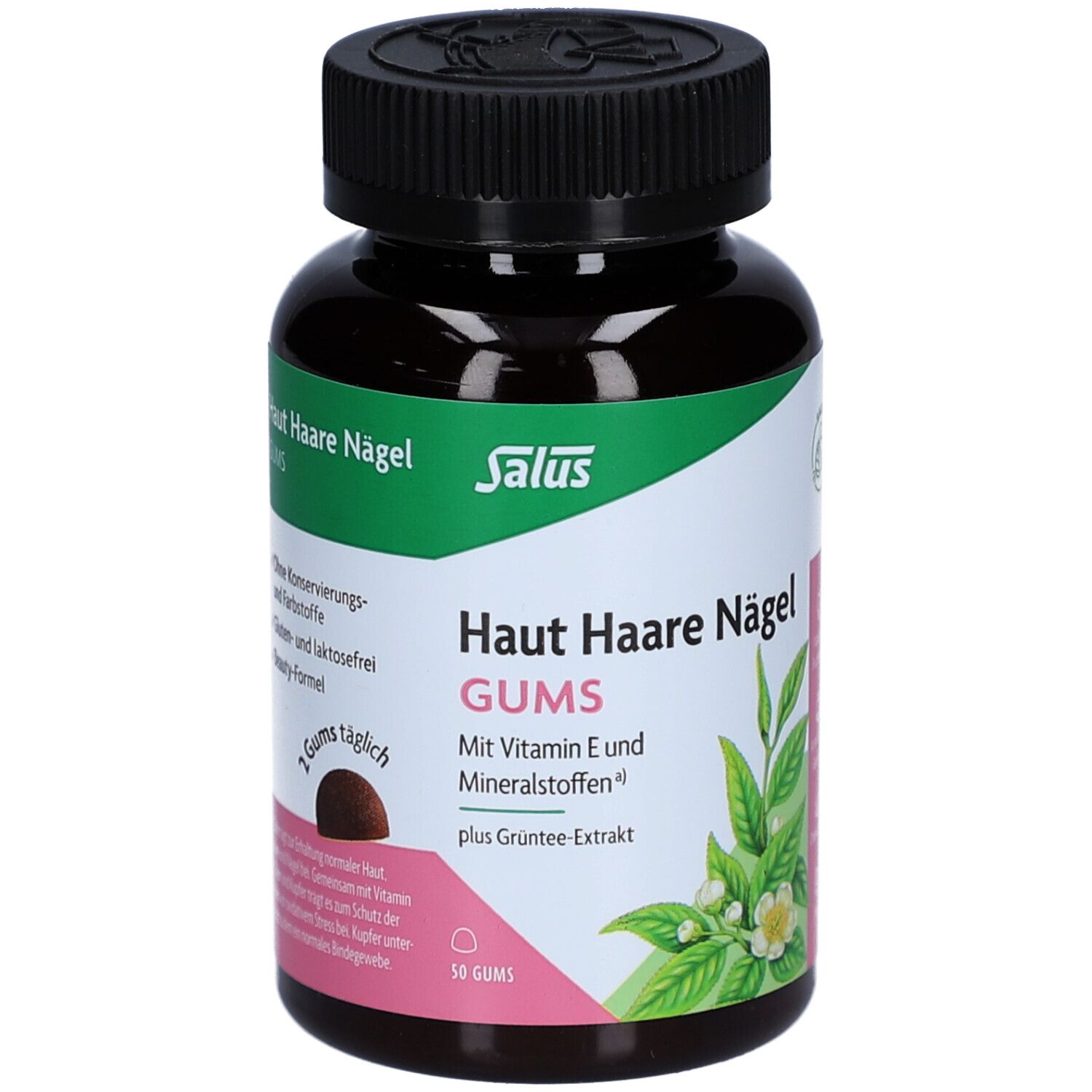 Braune Gummis in einer Flasche. Aufschrift: Haut Haare Nägel Gums. Mit Vitamin E und Mineralstoffen. Salus Logo.