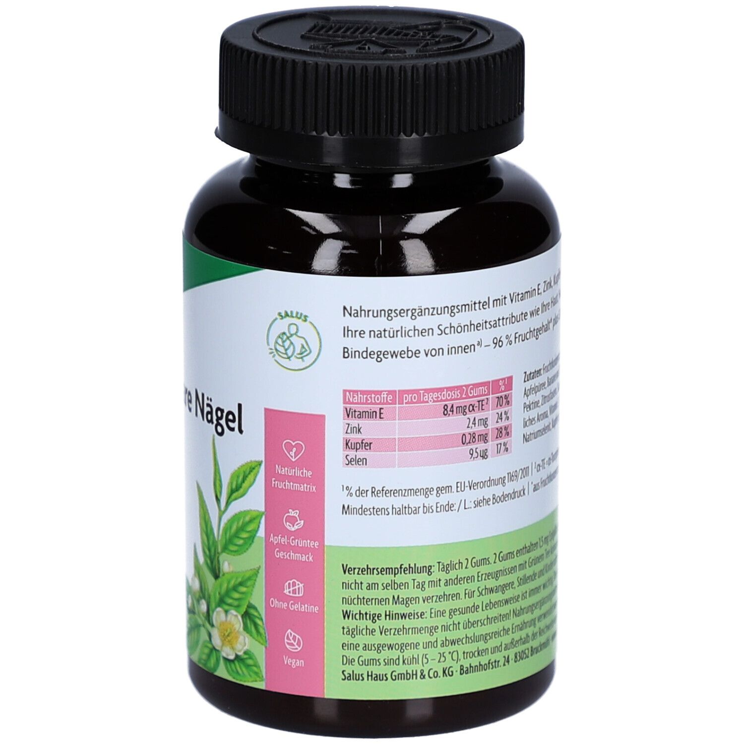 Rückseite einer Flasche mit braunen Gummis. Aufschrift: Haut Haare Nägel Gums. Nährwertangaben und Verzehrempfehlung.