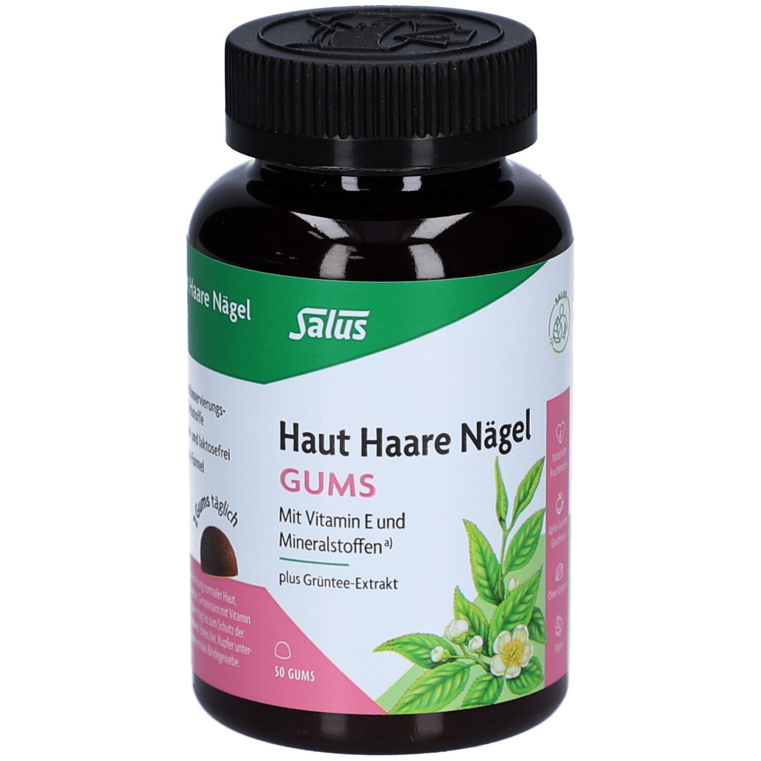 Braune Gummis in einer Flasche. Aufschrift: Haut Haare Nägel Gums. Mit Vitamin E und Mineralstoffen. 50 Gummis.