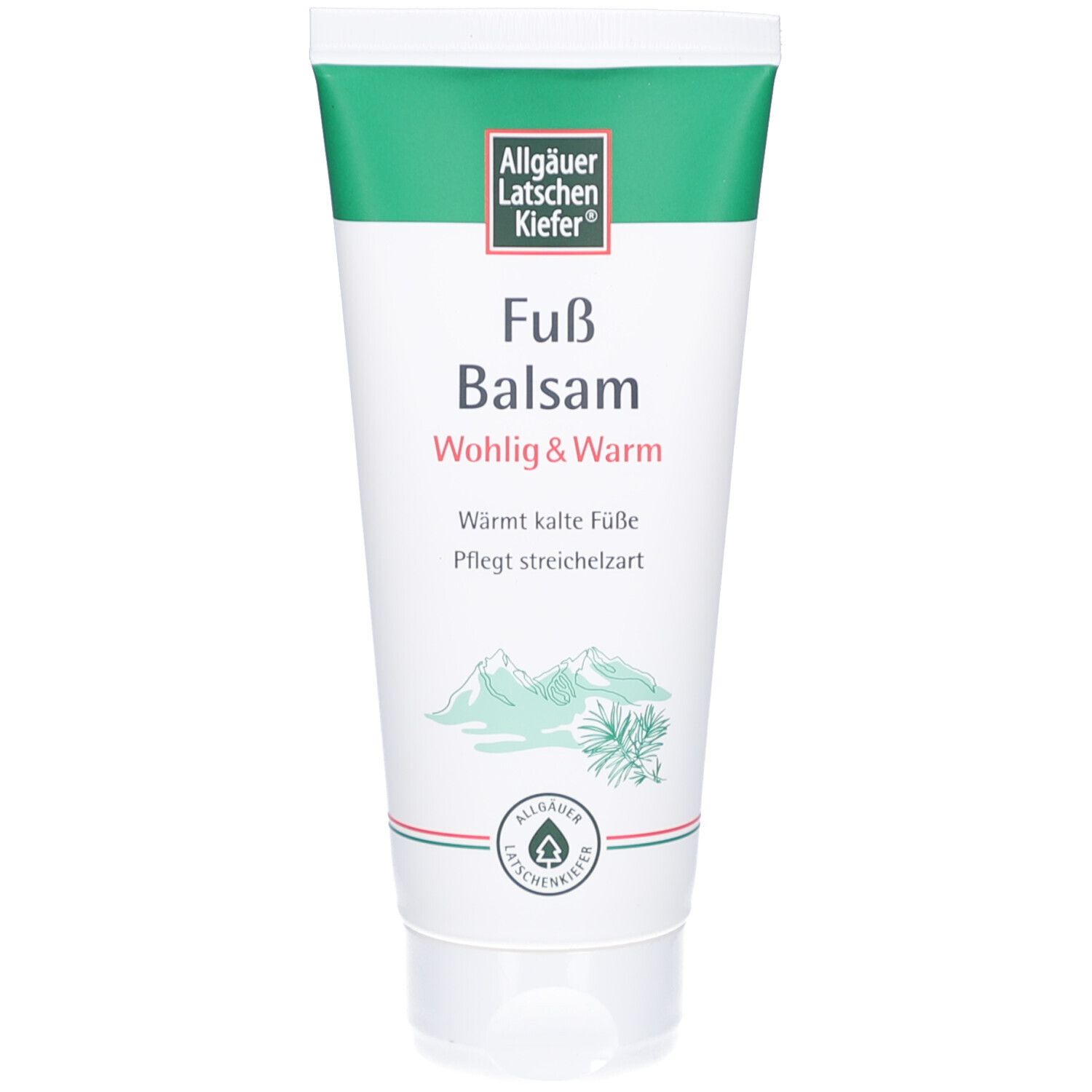 Cremetube mit grün-weißem Design. Schriftzug: Fuß Balsam wohlig & warm. Logo: Allgäuer Latschenkiefer. Abbildung von Bergen und Pflanzen.