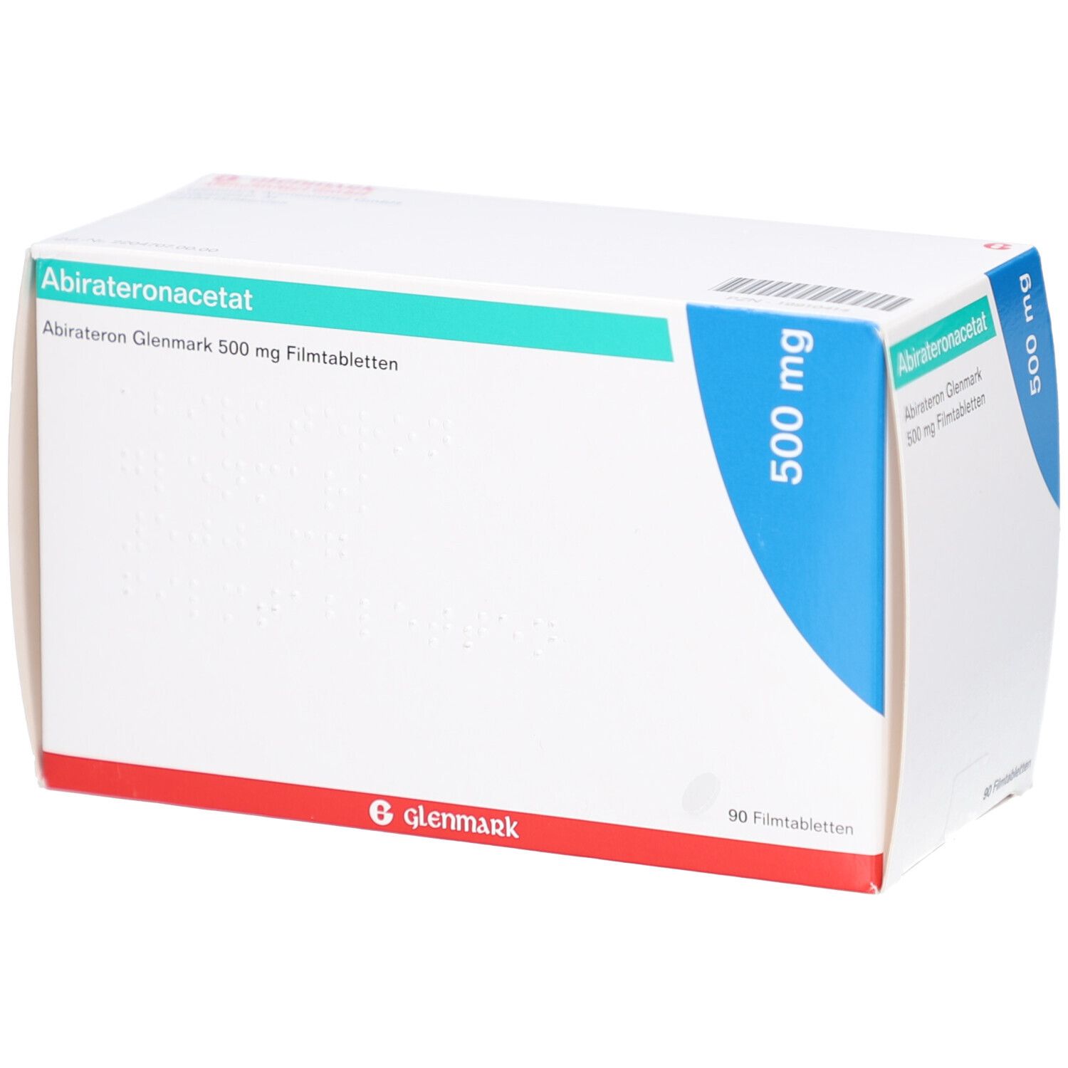 Schachtel mit Medikamenten. Aufschrift: Abirateronacetat, Abirateron Glenmark 500 mg Filmtabletten. 500 mg. Glenmark-Logo.