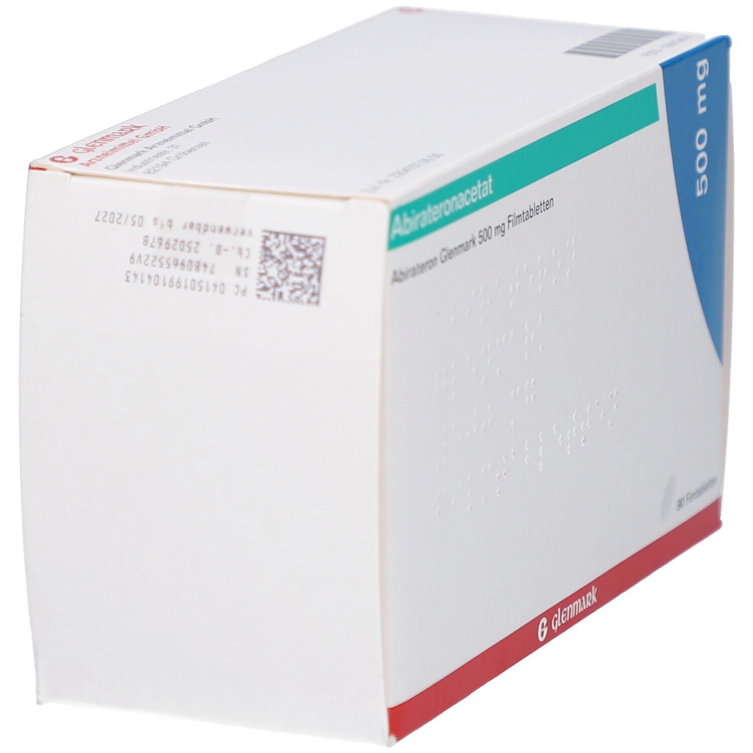 Medikamentenverpackung. Aufschrift: Abirateronacetat, Abirateron Glenmark 500 mg Filmtabletten. Glenmark-Logo. QR-Code und Chargennummer.