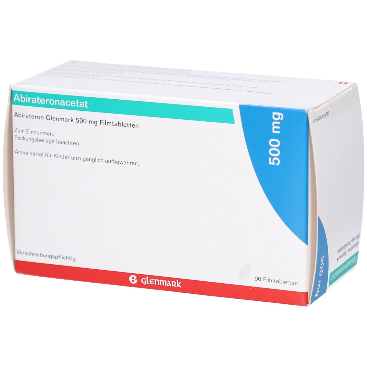 Medikamentenverpackung. Aufschrift: Abirateronacetat, Abirateron Glenmark 500 mg Filmtabletten. 500 mg. Glenmark-Logo.
