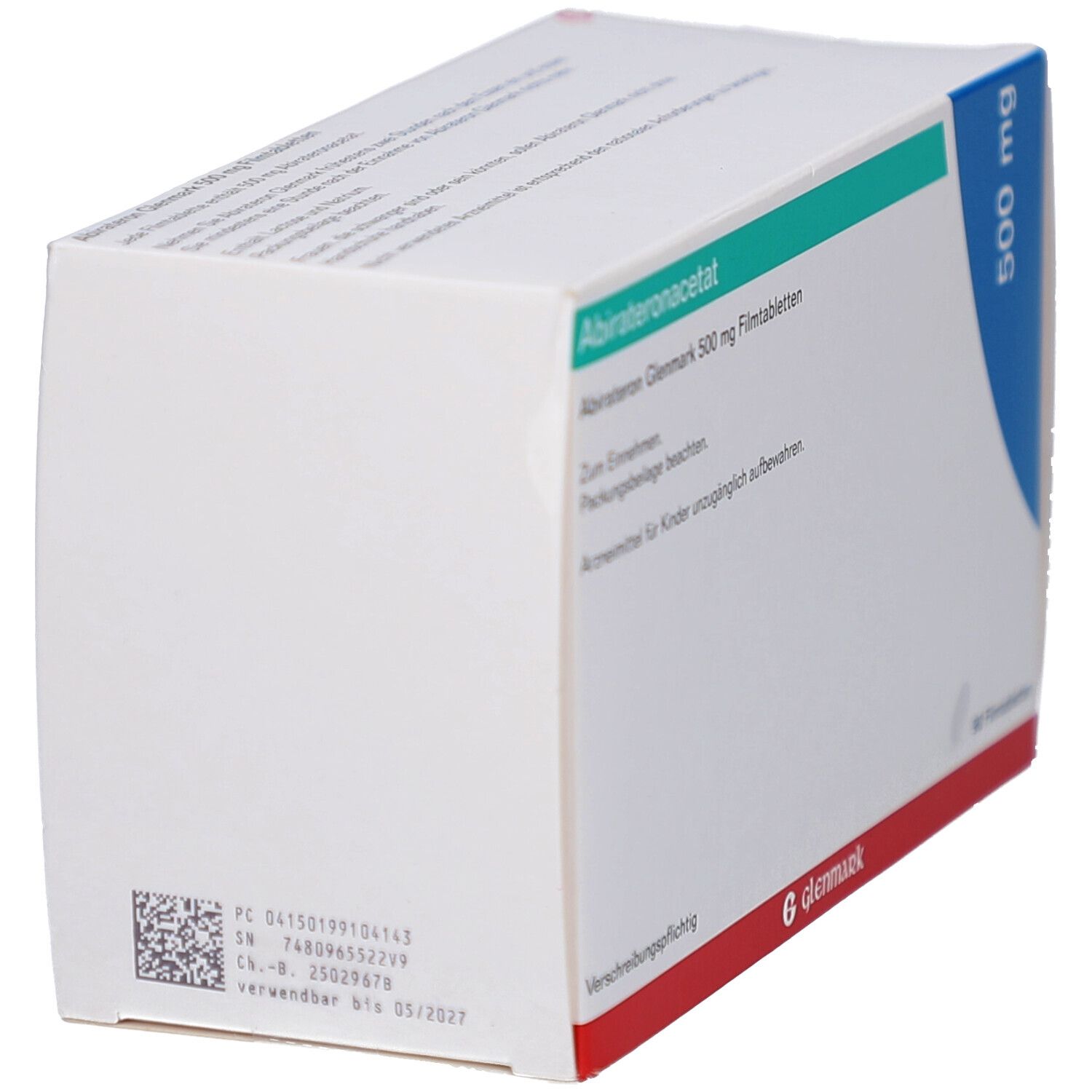 Medikamentenverpackung. Aufschrift: Abirateronacetat, Abirateron Glenmark 500 mg Filmtabletten. Glenmark-Logo. QR-Code und Chargennummer.
