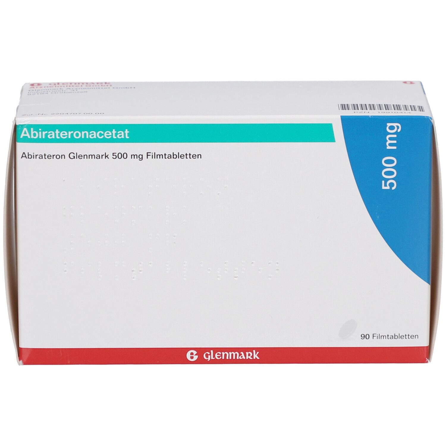 Medikamentenverpackung. Aufschrift: Abirateronacetat, Abirateron Glenmark 500 mg Filmtabletten. 500 mg. Glenmark-Logo.