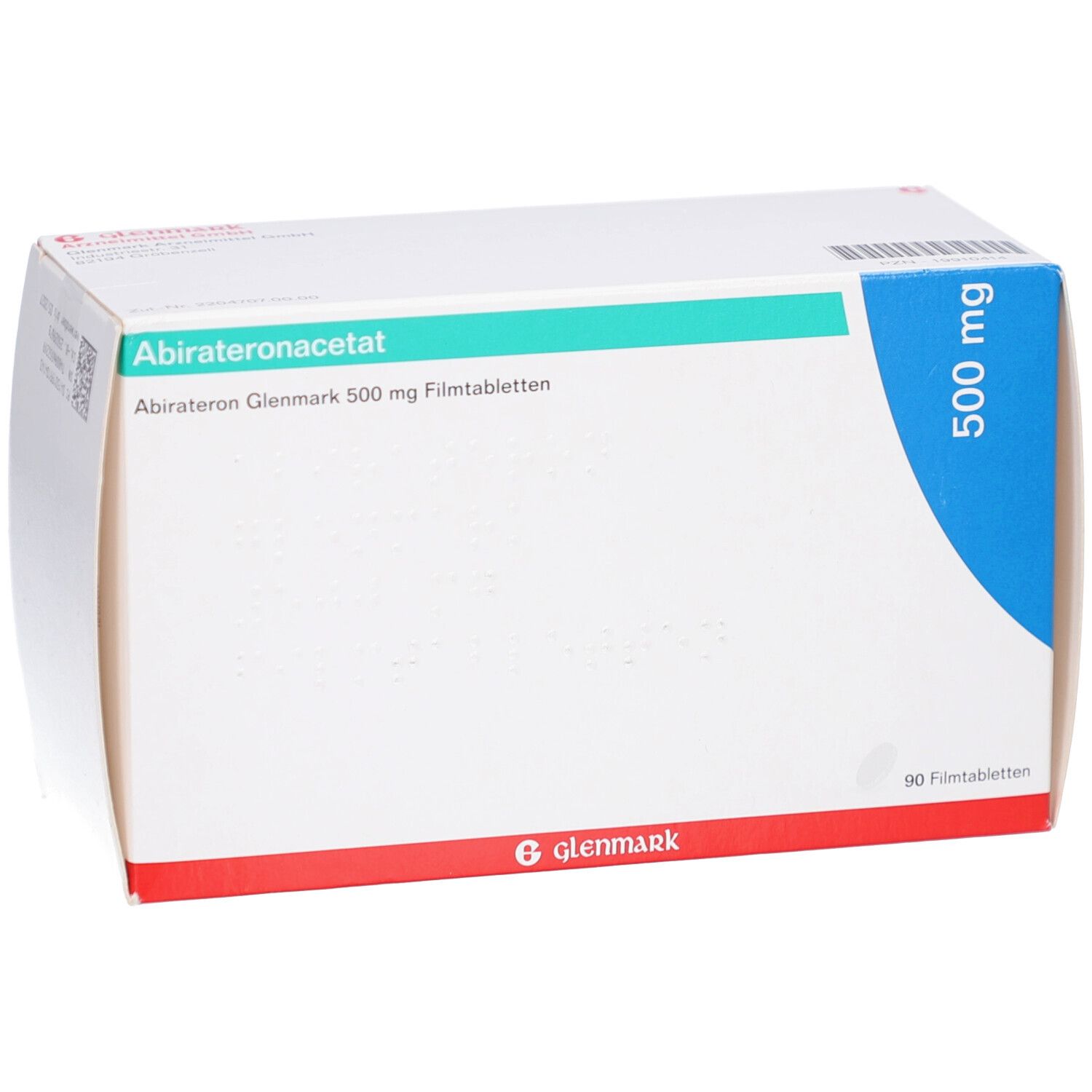 Medikamentenverpackung. Aufschrift: Abirateronacetat, Abirateron Glenmark 500 mg Filmtabletten. 500 mg. Glenmark-Logo.