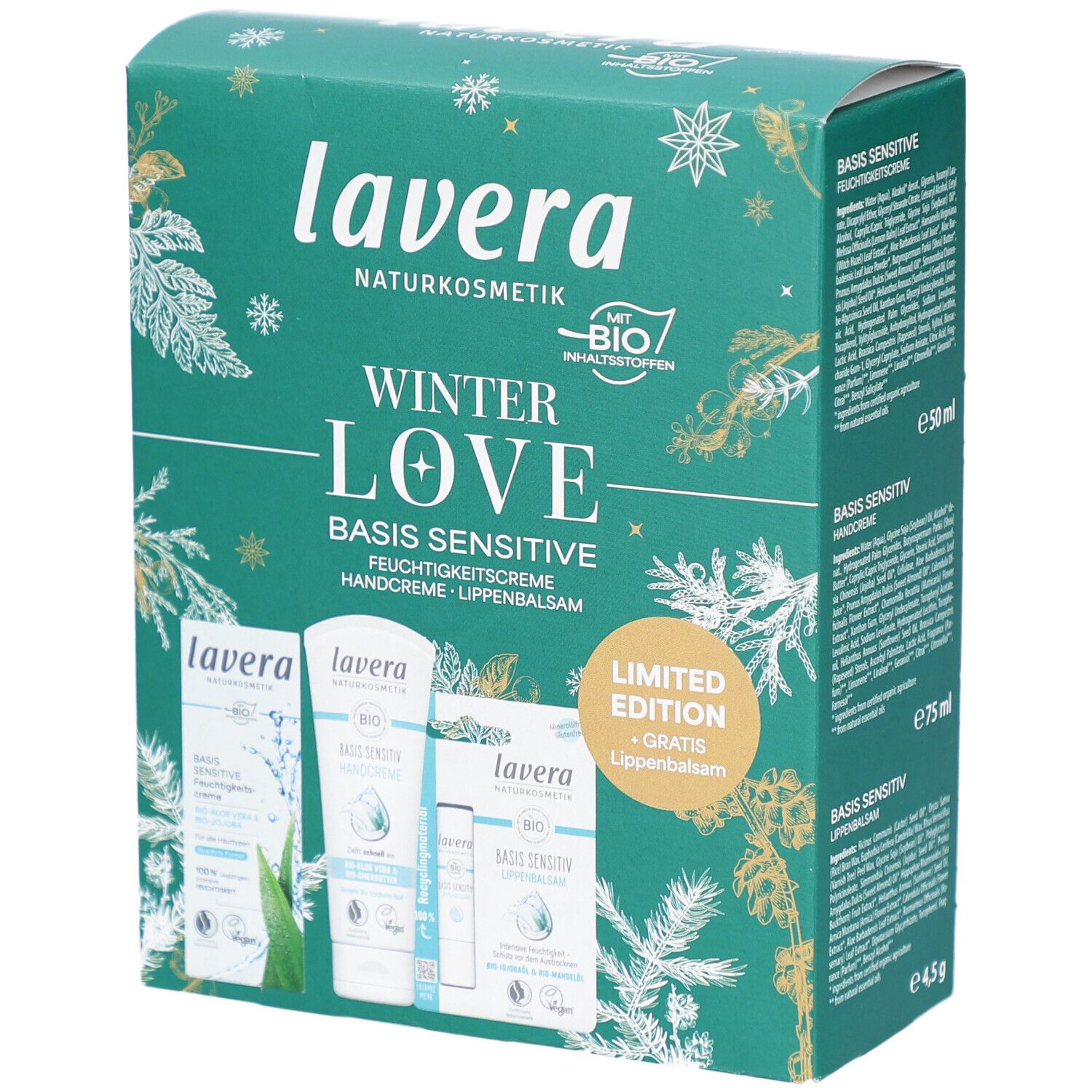 Geschenkset Winter Love, grüne Verpackung mit Produktabbildungen und Schriftzug. Enthält Handcreme und Lippenbalsam.