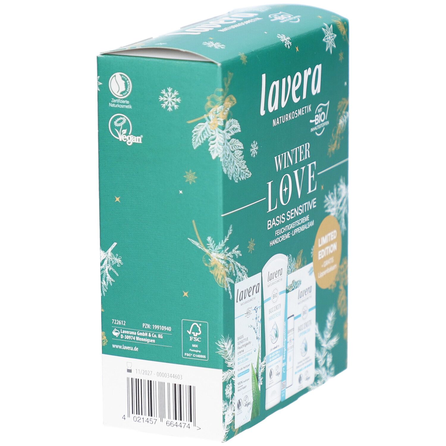 Grüne Geschenkbox Winter Love, Seitenansicht. Enthält Produktabbildungen und Logos. Mit Vegan- und Bio-Siegeln.
