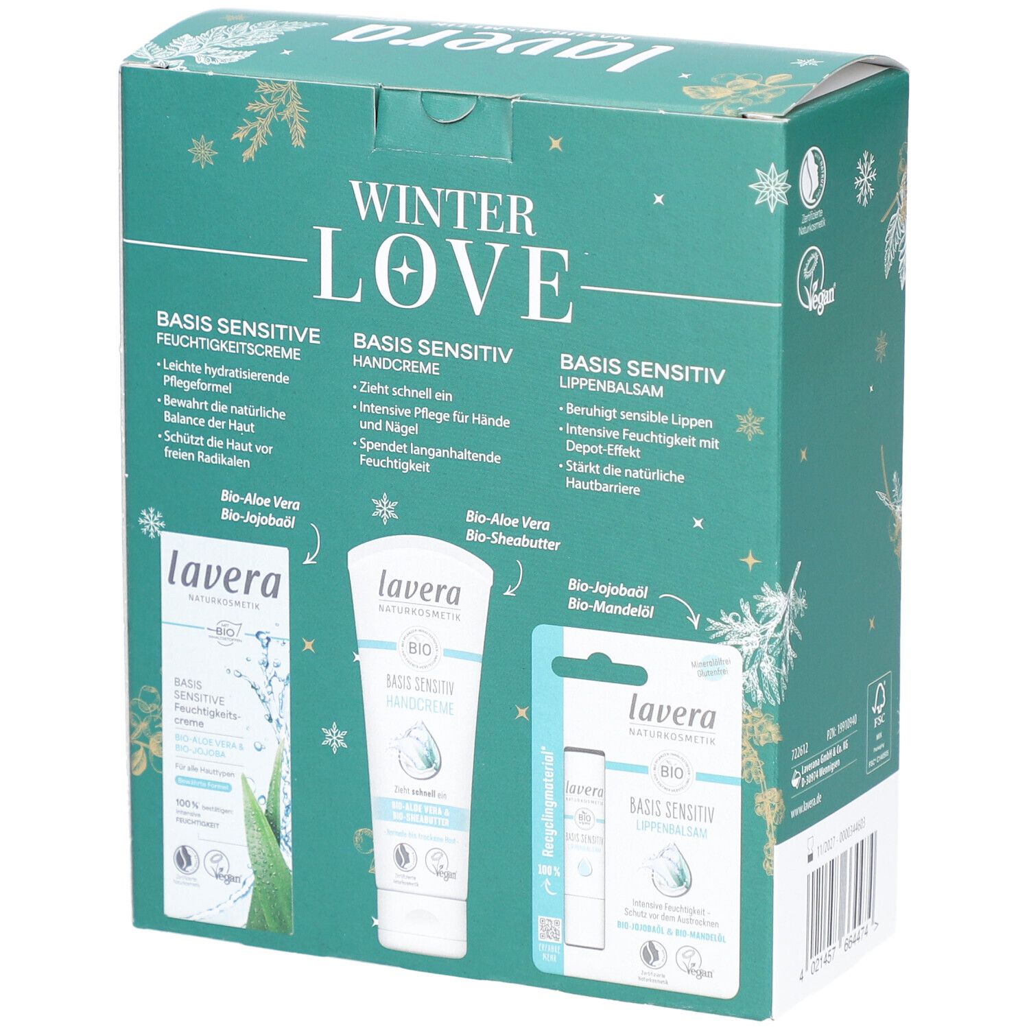 Geschenkset Winter Love mit Feuchtigkeitscreme, Handcreme und Lippenbalsam. Produkte mit Bio-Aloe Vera und Jojobaöl.