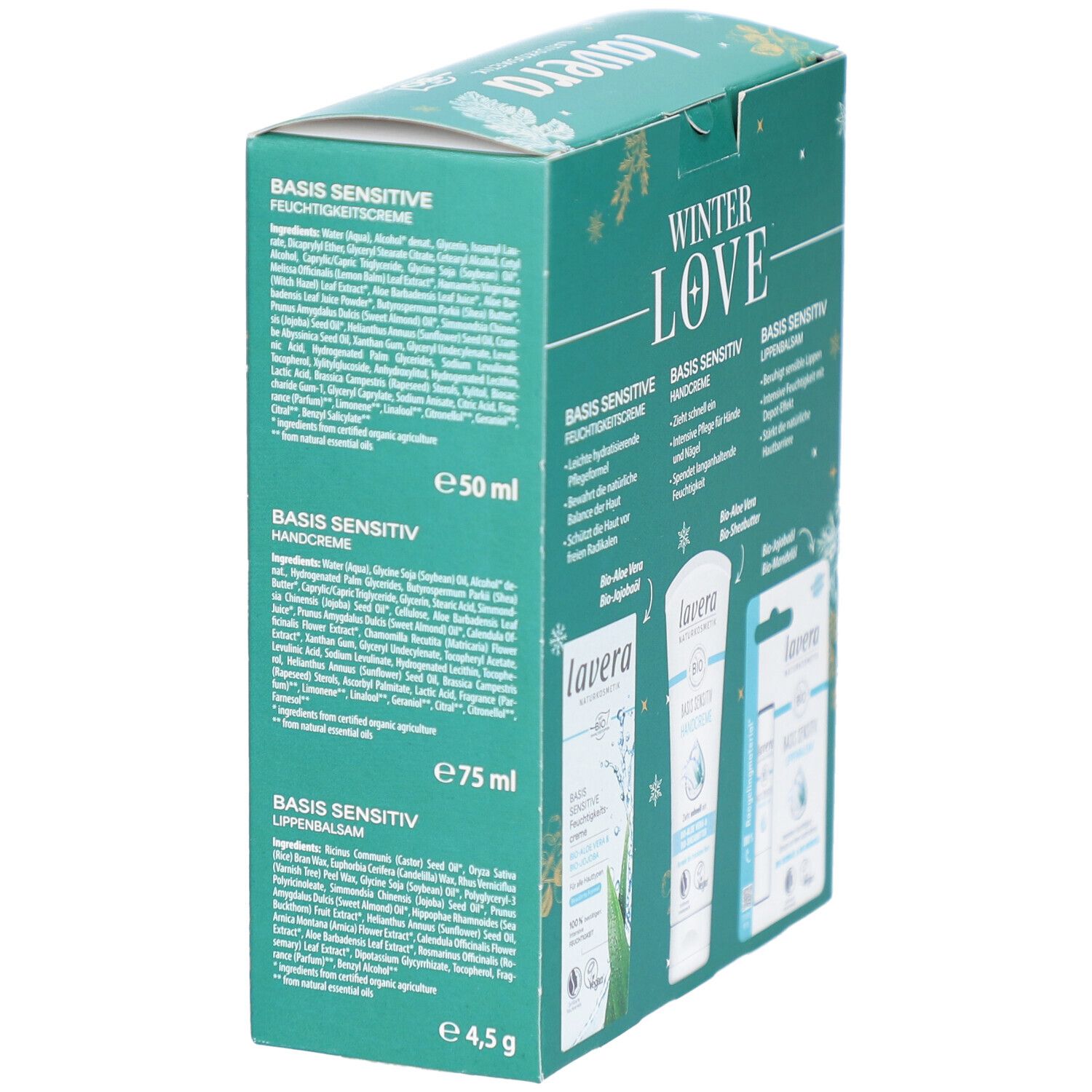 Rückseite der Geschenkbox Winter Love. Enthält Inhaltsstoffe und Produktinformationen für Feuchtigkeitscreme, Handcreme und Lippenbalsam.