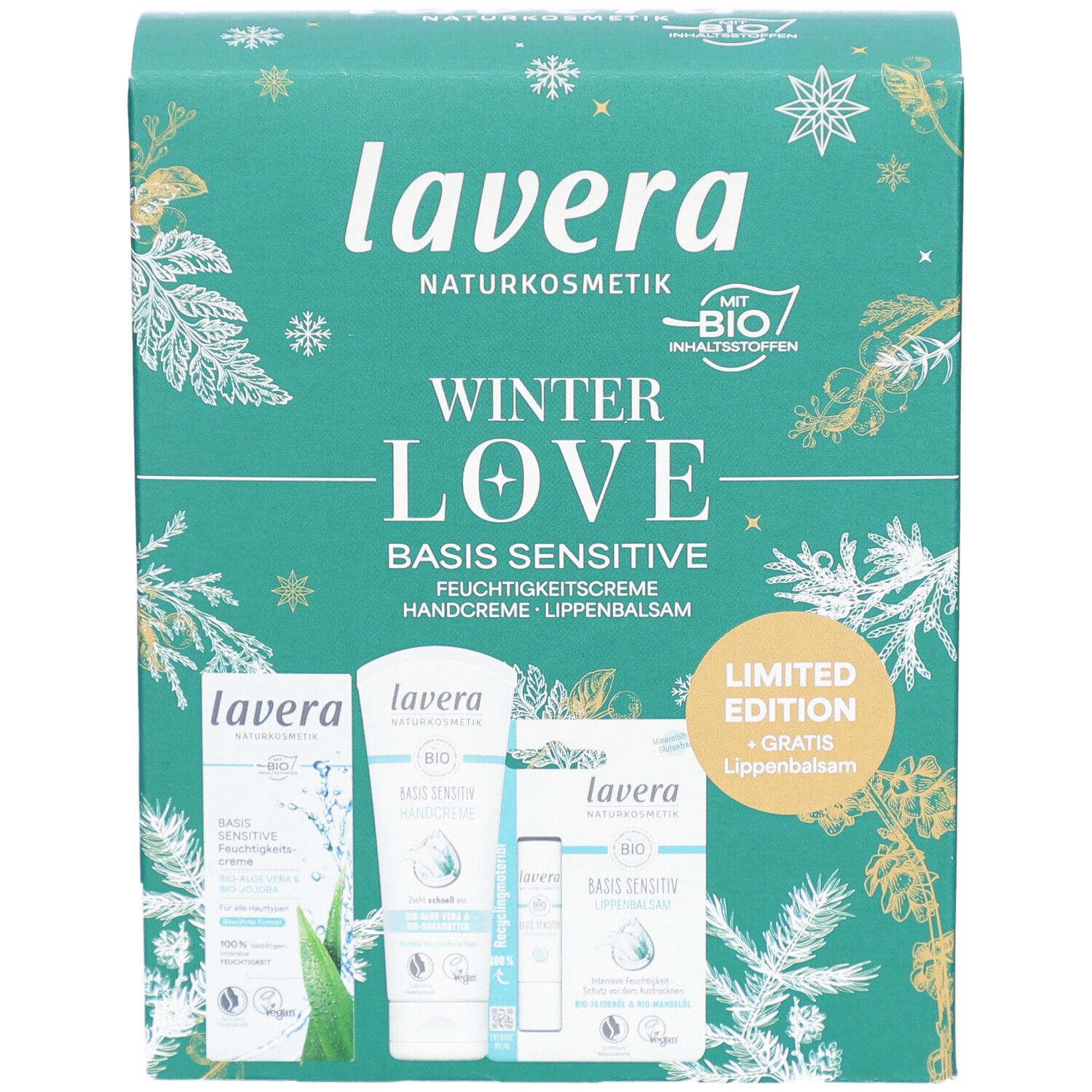 Geschenkset Winter Love, grüne Verpackung mit Produktabbildungen. Enthält Feuchtigkeitscreme, Handcreme und Lippenbalsam.