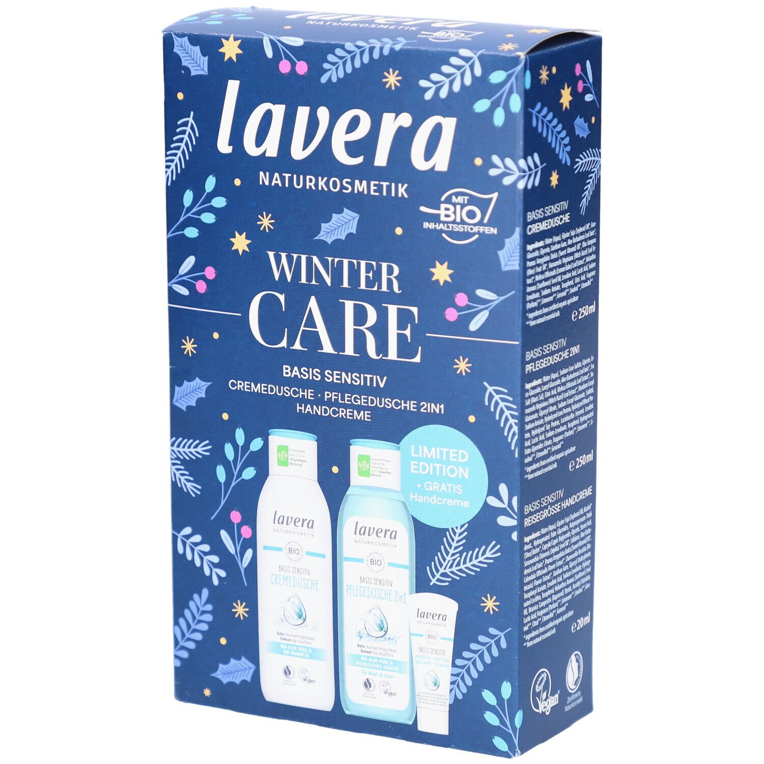 Geschenkset "Winter Care" von lavera. Enthält Cremedusche, Pflegedusche und Handcreme. Blaue Verpackung mit floralem Muster und Produktlogos.