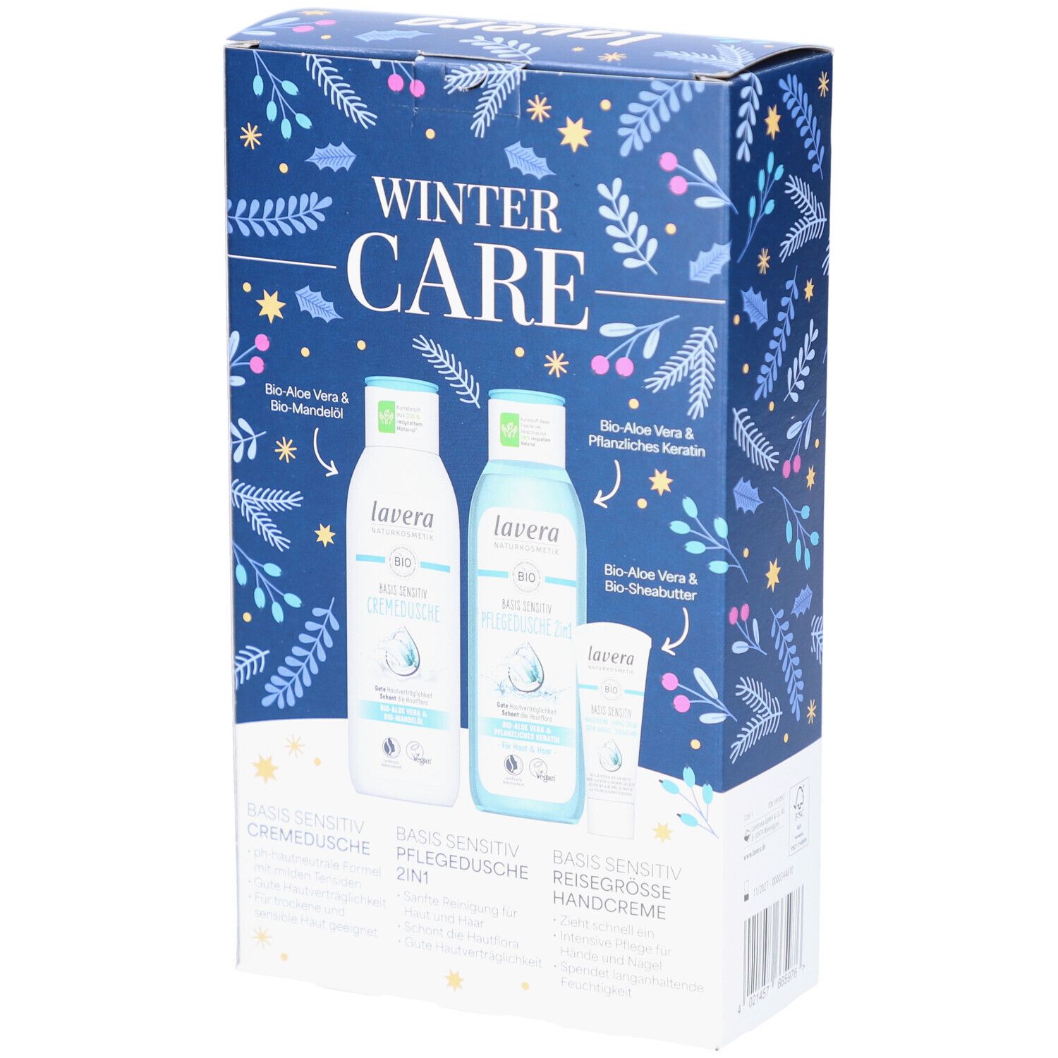 Rückseite der Geschenkbox "Winter Care" von lavera. Enthält Cremedusche, Pflegedusche und Handcreme. Produktlogos und Inhaltsstoffe.