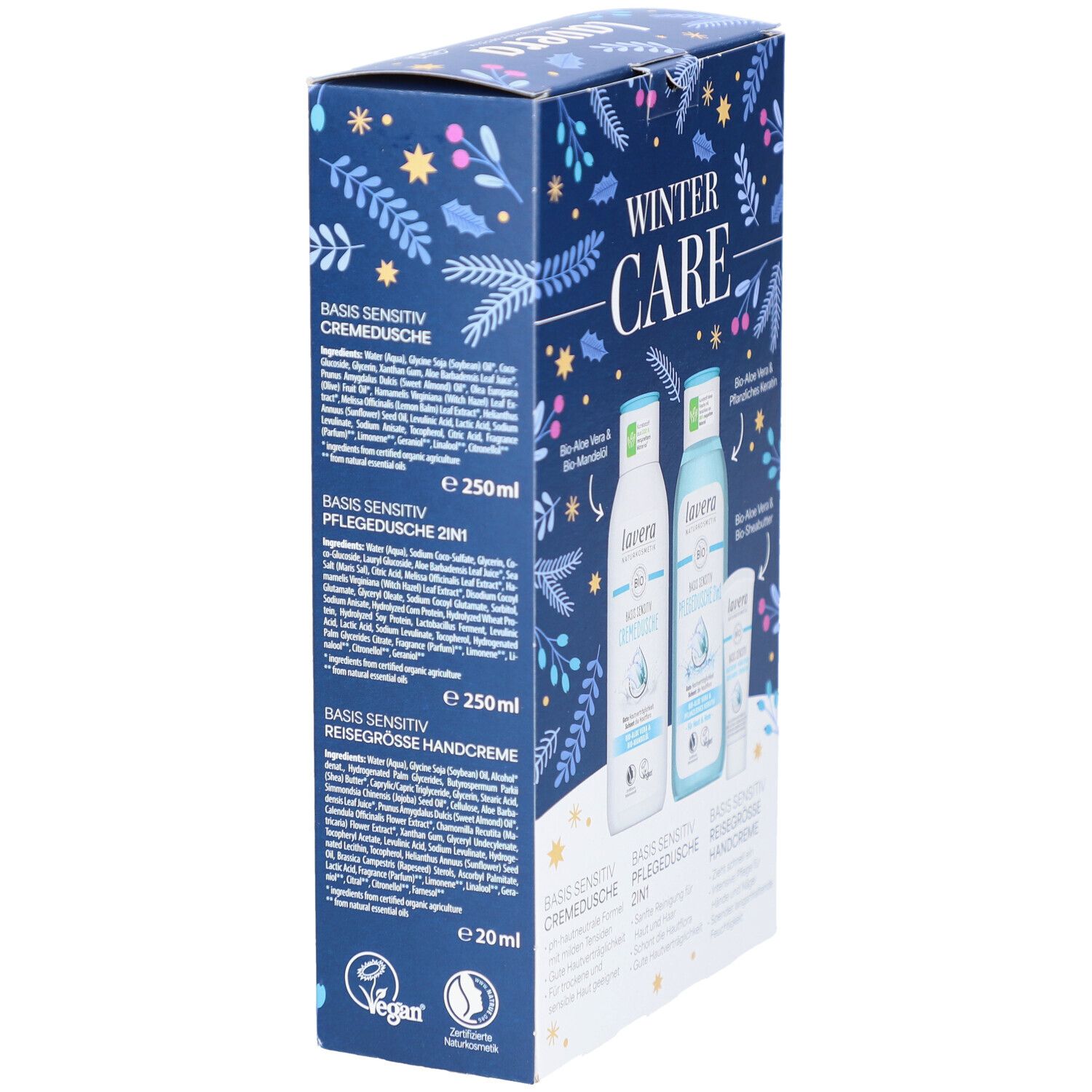 Seitenansicht der Geschenkbox "Winter Care" von lavera. Text mit Produktinformationen und Inhaltsstoffen. Vegan-Siegel.