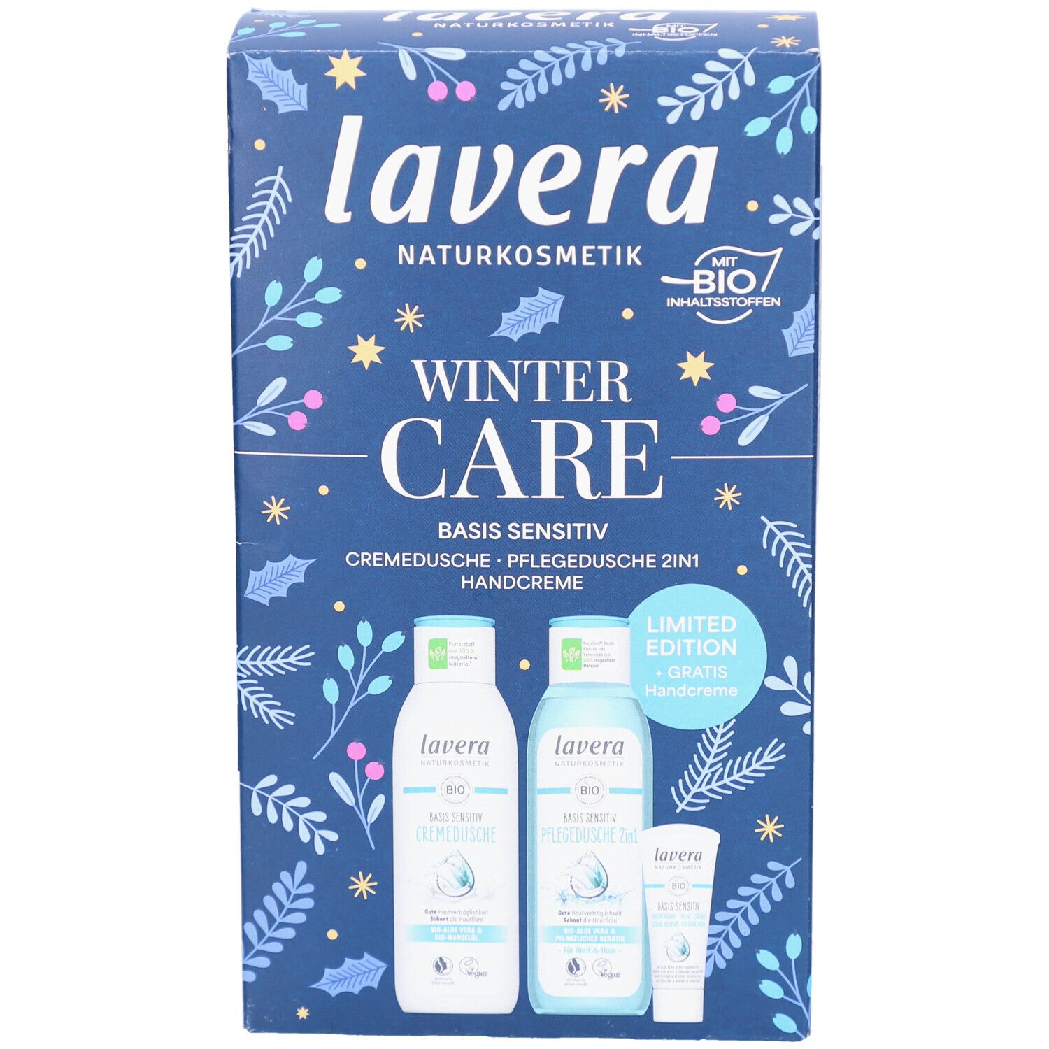 Geschenkset "Winter Care" von lavera. Enthält Cremedusche, Pflegedusche und Handcreme. Blaue Verpackung mit floralem Muster.