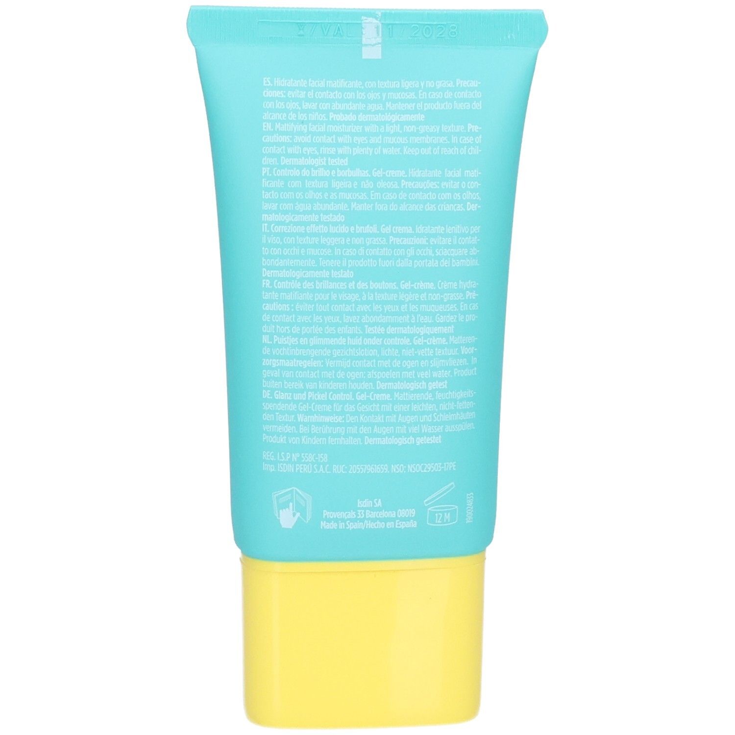 Rückseite der ISDIN Acniben mattierenden Gel-Creme Tube mit Anwendungshinweisen und Inhaltsstoffen.
