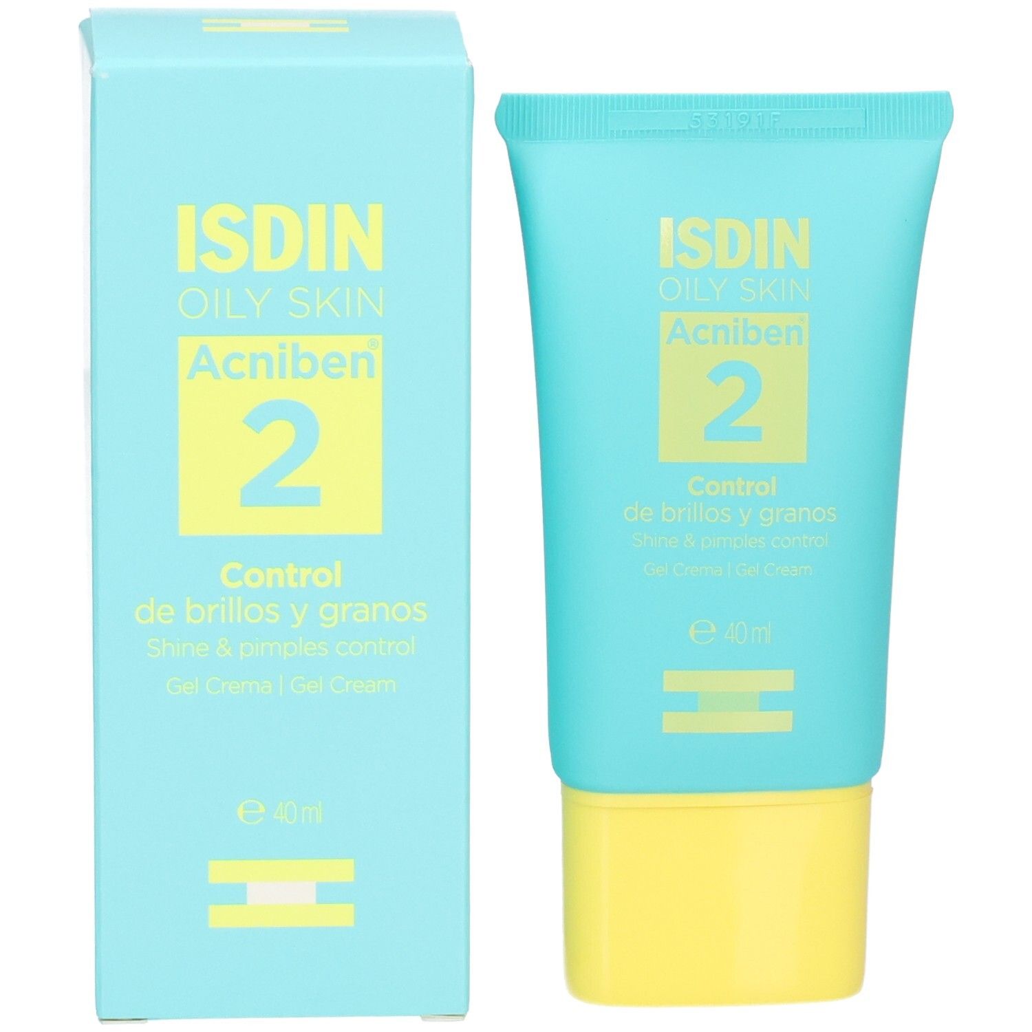 ISDIN Acniben mattierende Gel-Creme Tube und Faltschachtel. Hellblaue Verpackung mit gelber Schrift.