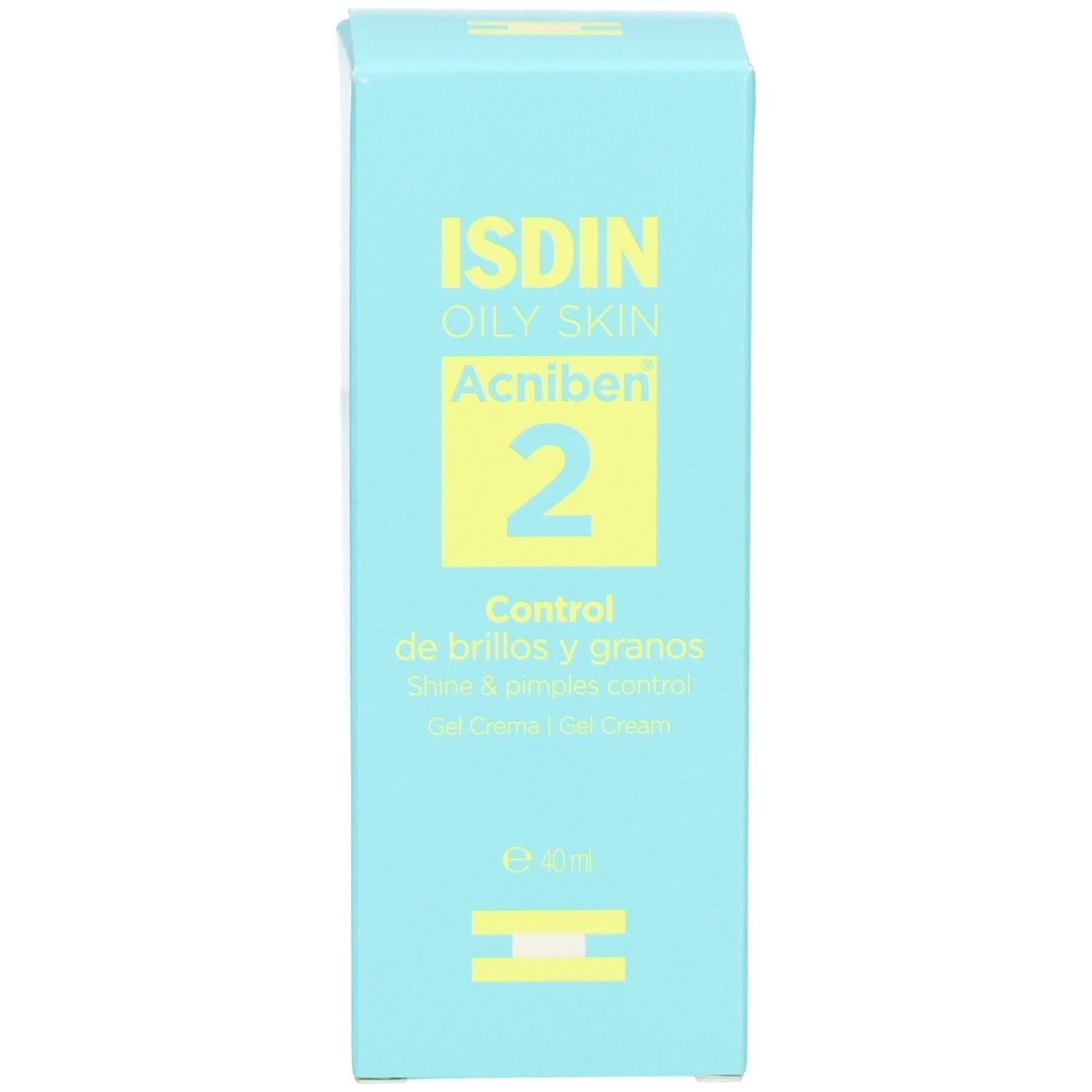 Vorderseite der Faltschachtel von ISDIN Acniben mattierender Gel-Creme. Hellblaue Verpackung mit gelber Schrift.
