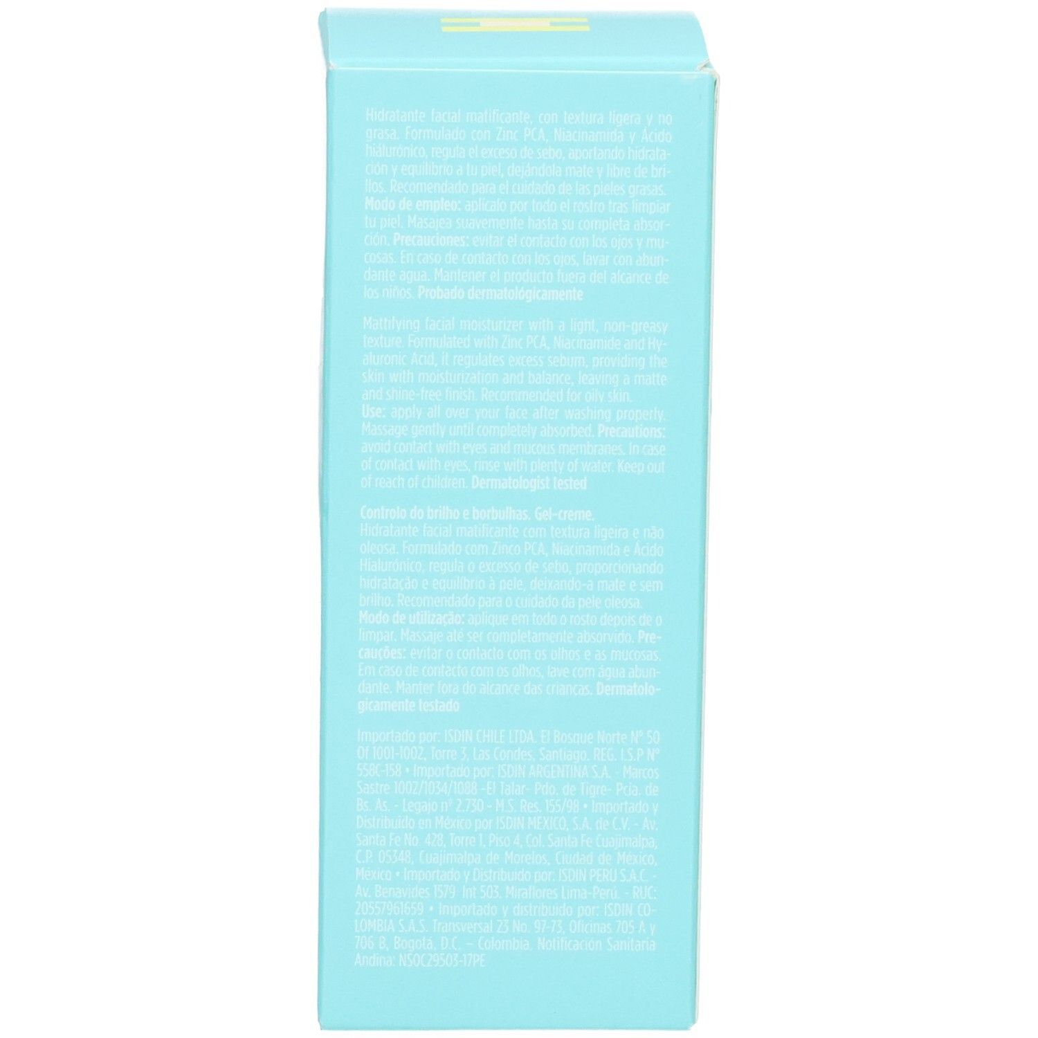 Seitenansicht der Faltschachtel von ISDIN Acniben mattierender Gel-Creme mit Text.