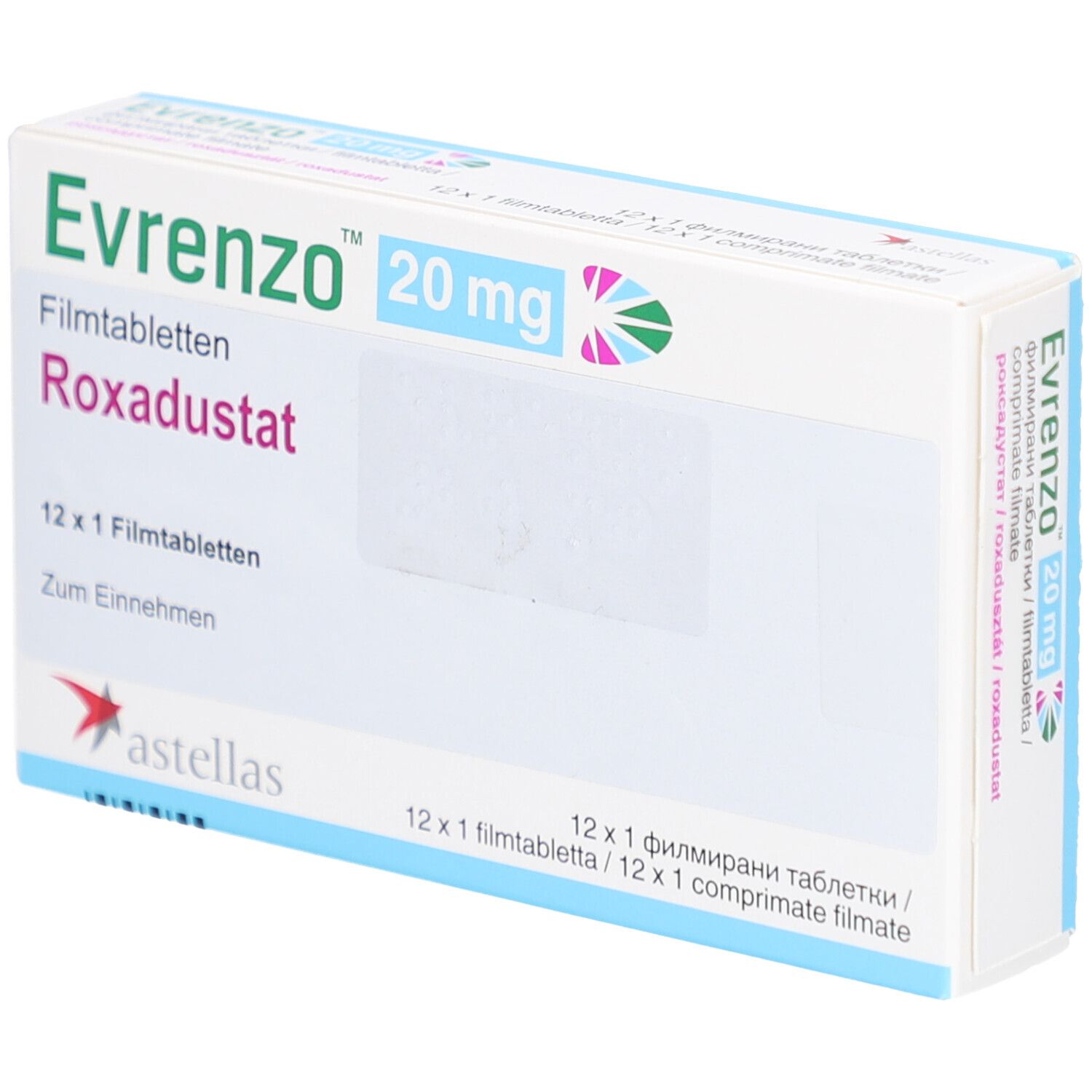 Schachtel mit EVRENZO 20 mg Filmtabletten. Aufschrift: Roxadustat, 12 x 1 Filmtabletten. Astellas-Logo.