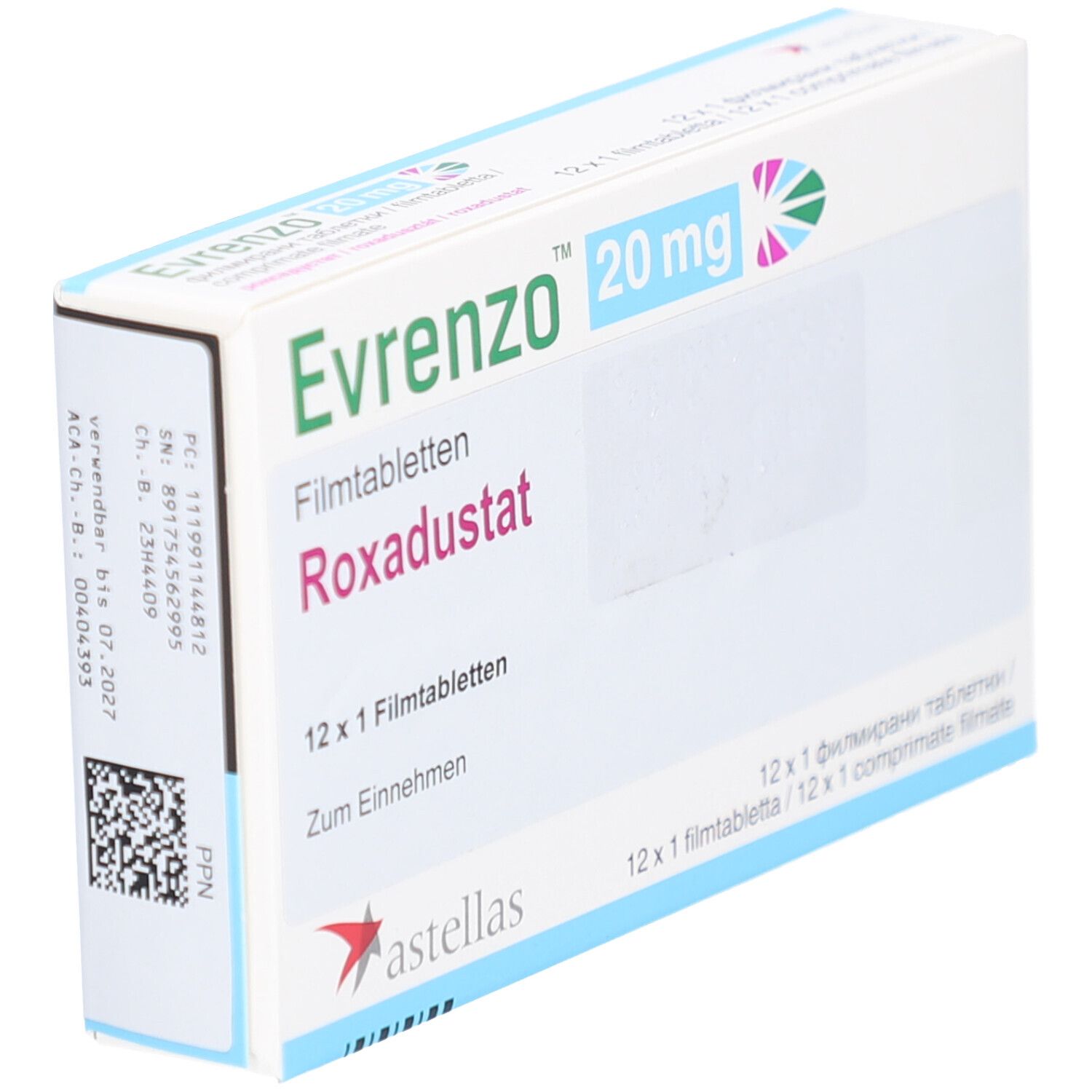 Schachtel mit EVRENZO 20 mg Filmtabletten. Aufschrift: Roxadustat, 12 x 1 Filmtabletten. Astellas-Logo.