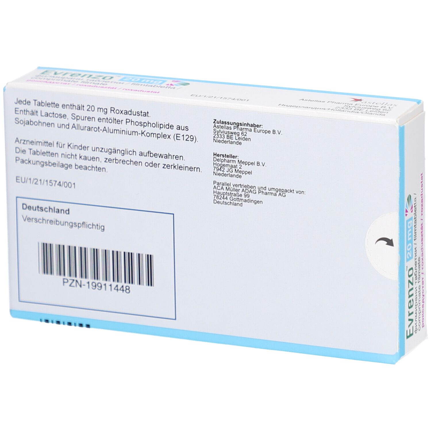 Rückseite der EVRENZO 20 mg Filmtabletten-Schachtel. Enthält Informationen zu Inhaltsstoffen und Hersteller.