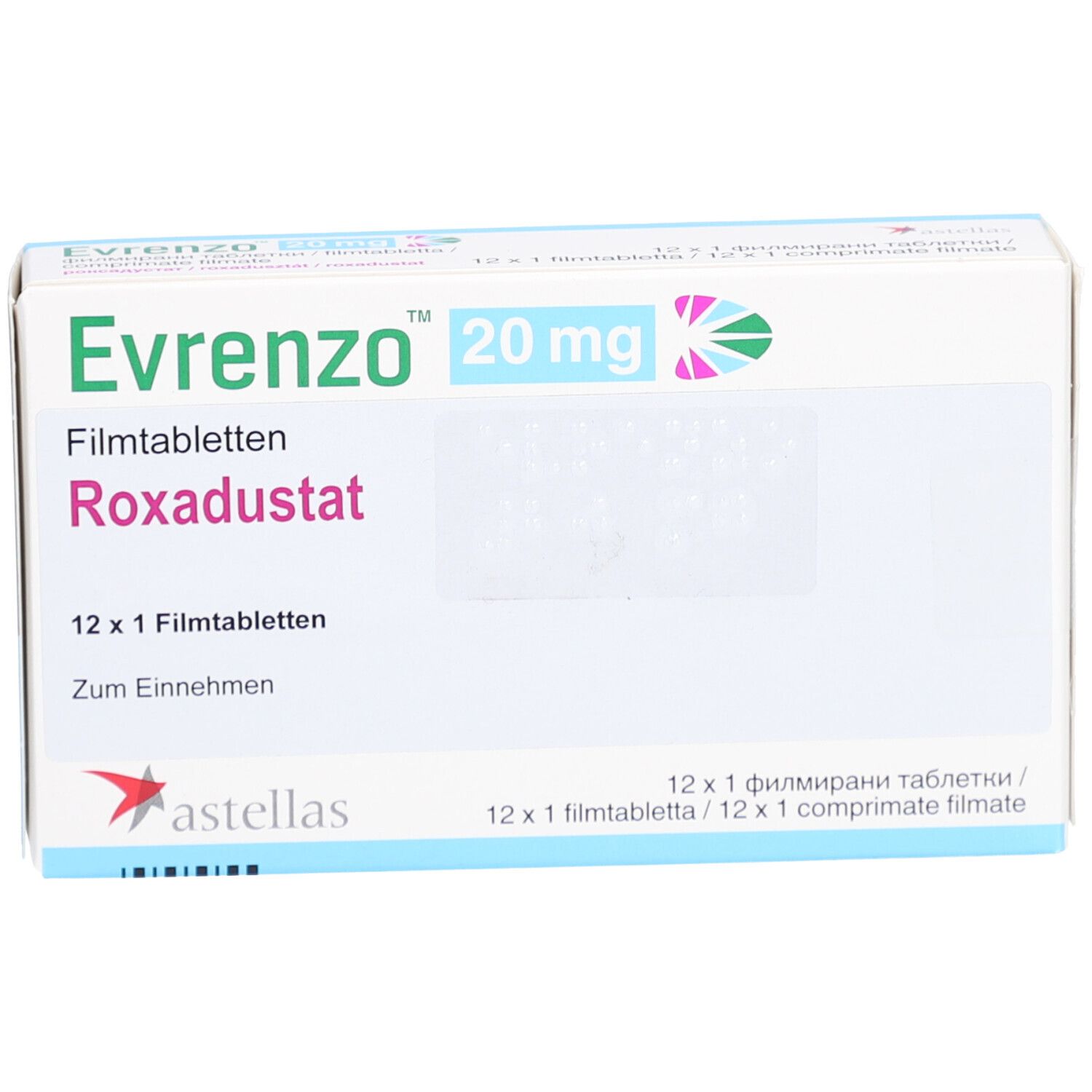Schachtel mit EVRENZO 20 mg Filmtabletten. Aufschrift: Roxadustat, 12 x 1 Filmtabletten. Astellas-Logo.