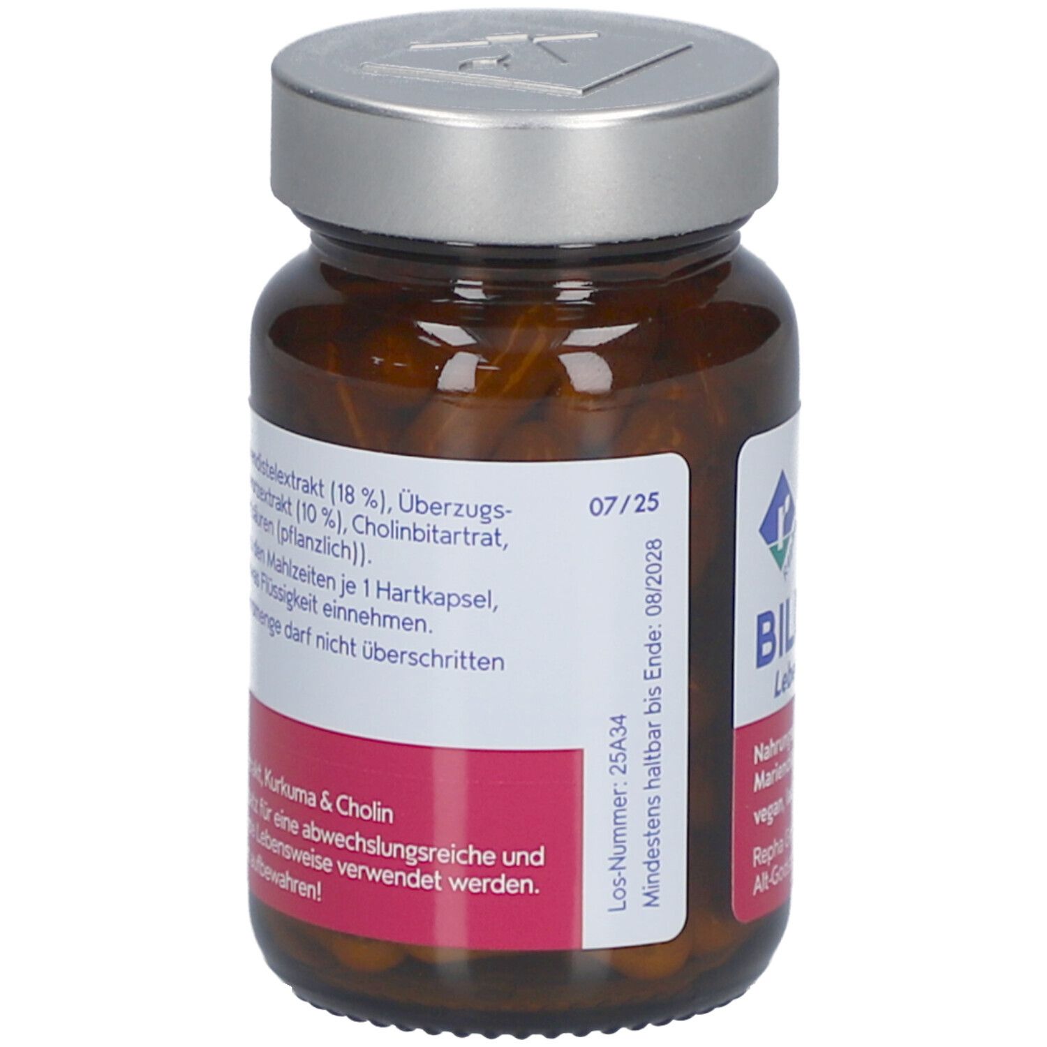 Braune Glasflasche mit silbernem Deckel. Etikett mit Produktinformationen und Chargennummer.