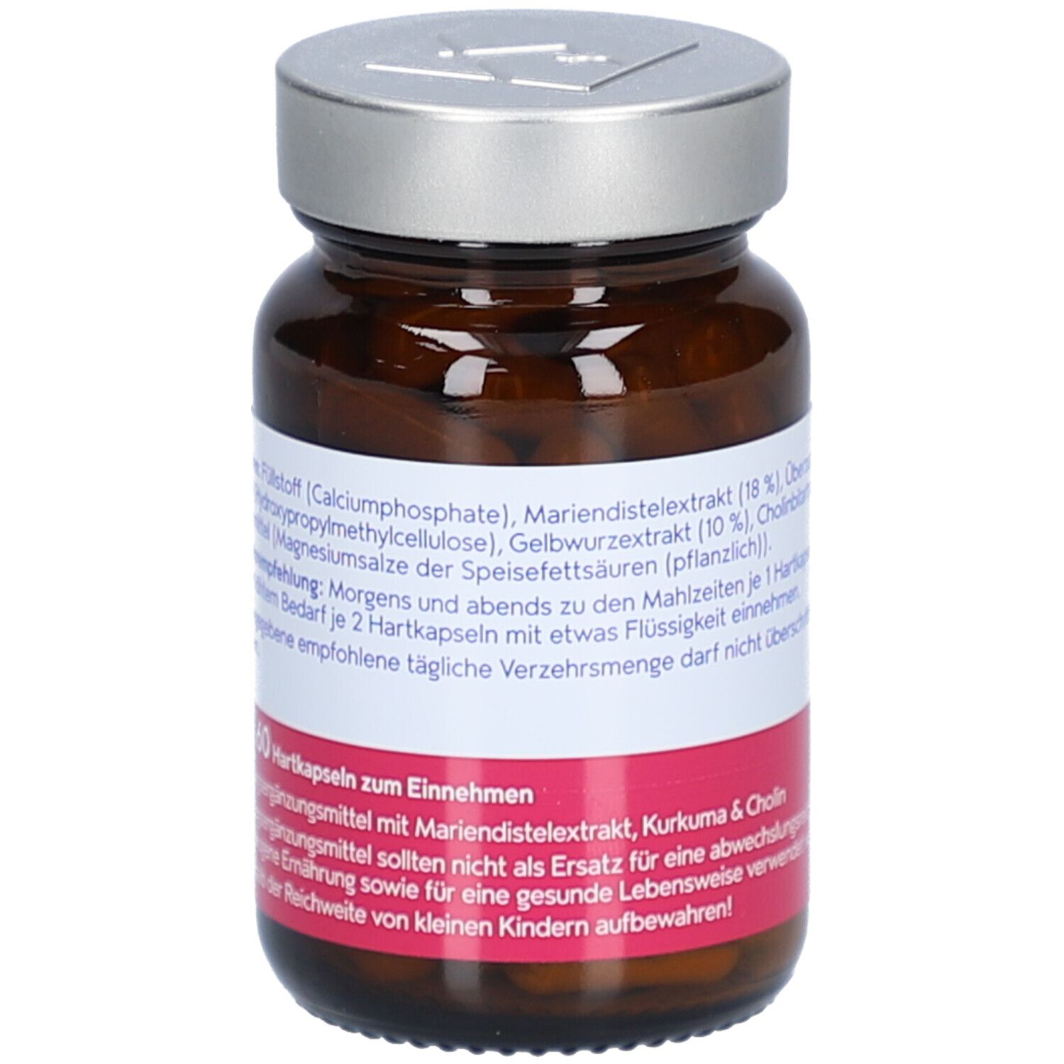 Braune Glasflasche mit silbernem Deckel. Etikett mit Zutaten und Verzehrempfehlung.