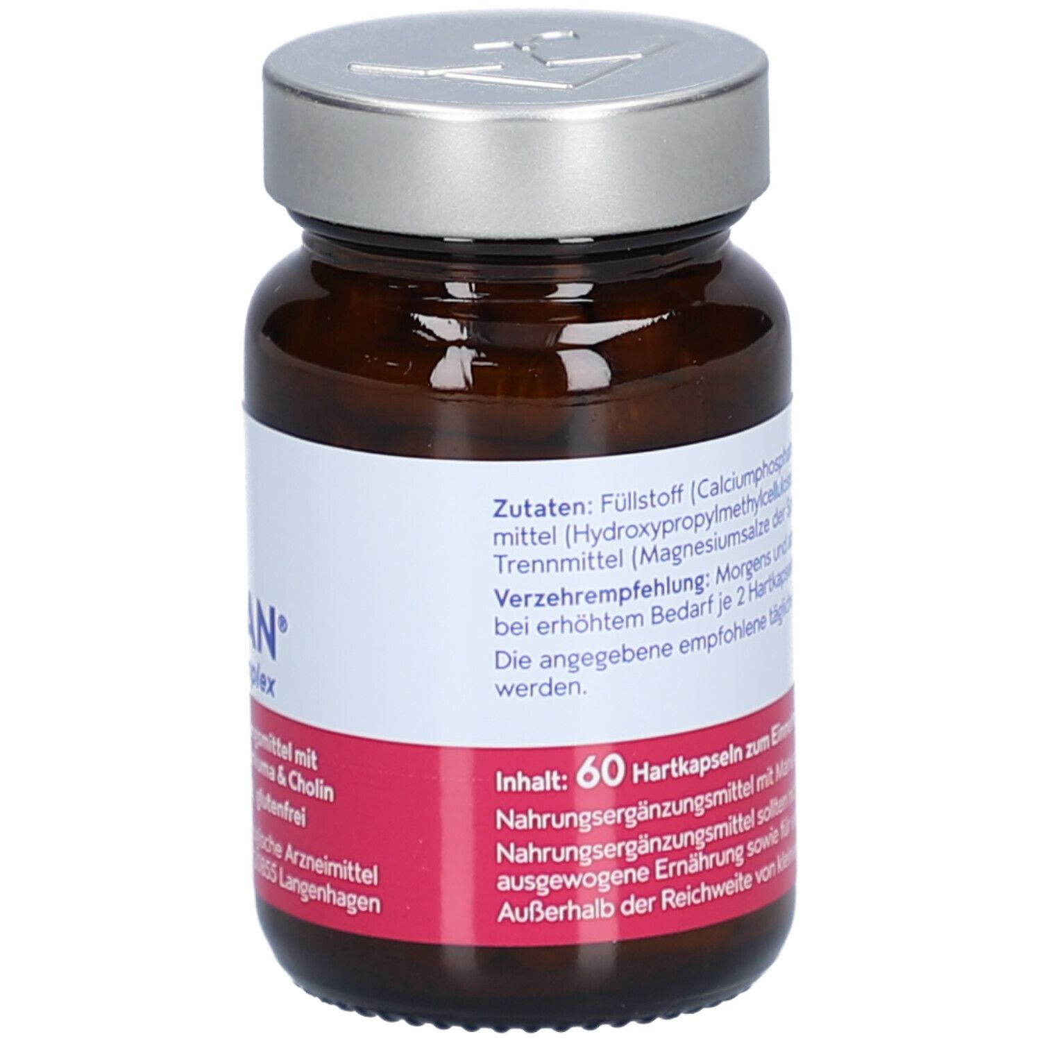 Braune Glasflasche mit silbernem Deckel. Etikett mit Zutaten und Verzehrempfehlung.