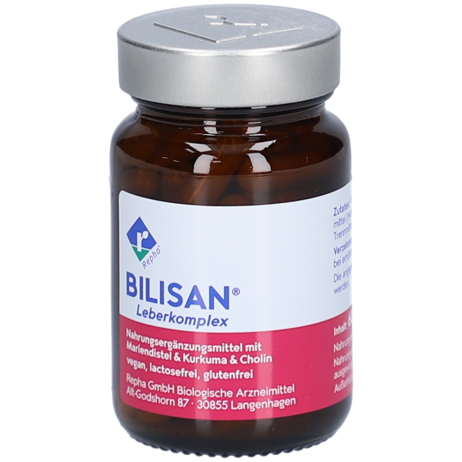Braune Glasflasche mit silbernem Deckel. Etikett mit Produktname BILISAN Leberkomplex und Inhaltsangaben.