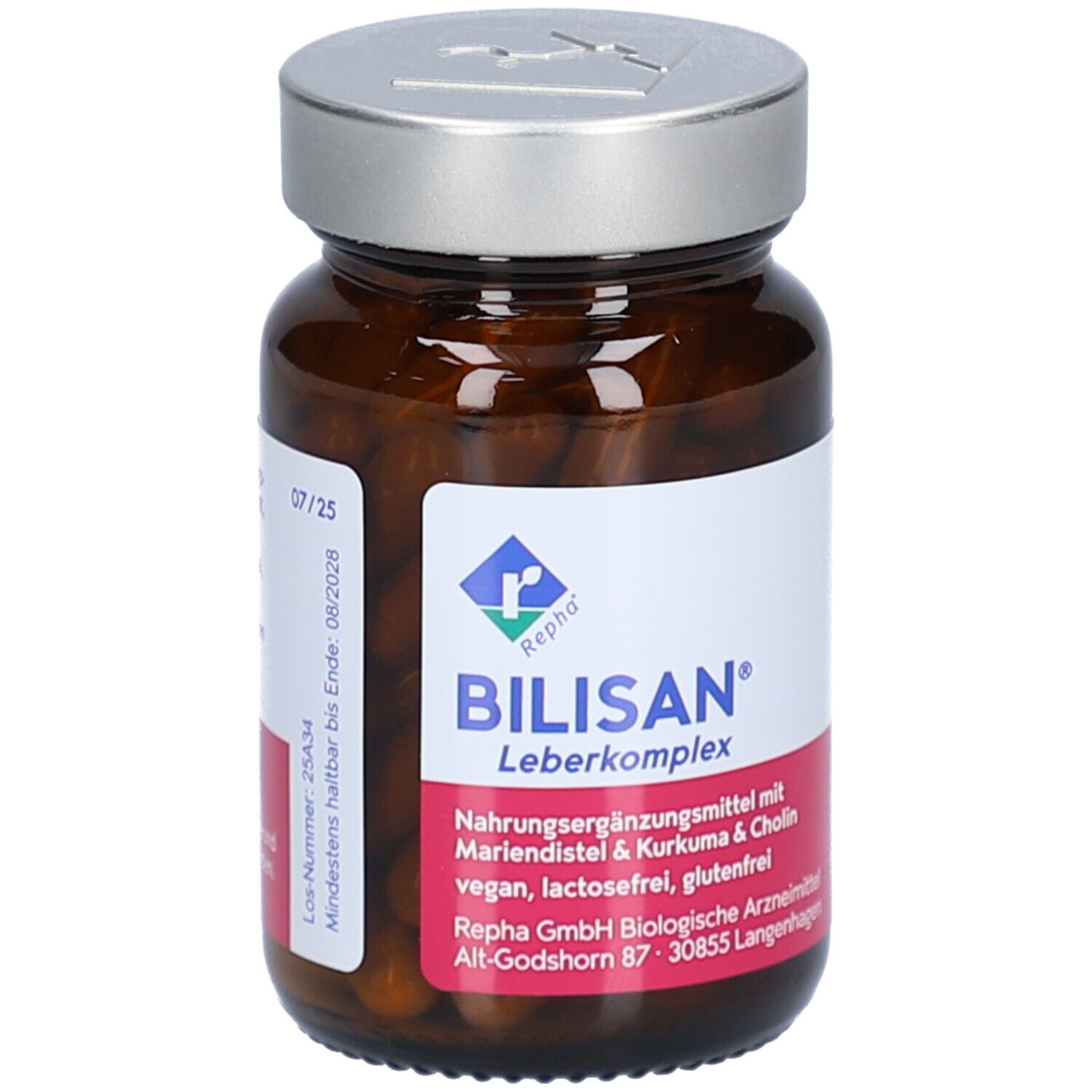 Braune Glasflasche mit silbernem Deckel. Etikett mit Produktname BILISAN Leberkomplex und Inhaltsangaben.