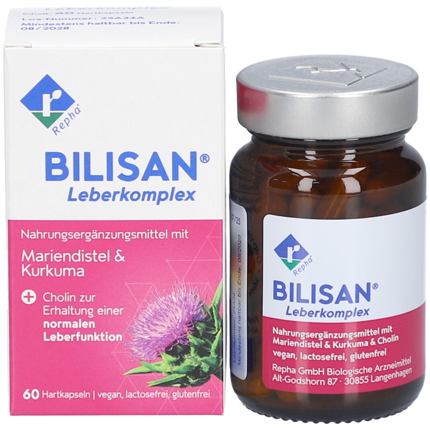 Braune Glasflasche und Karton. Aufschrift BILISAN Leberkomplex. Karton mit Produktinformationen und Abbildung.