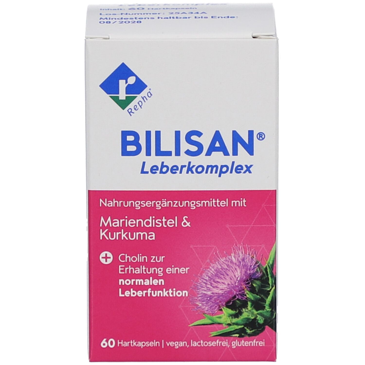 Karton mit Aufschrift BILISAN Leberkomplex. Produktinformationen und Abbildung einer Distelblüte.