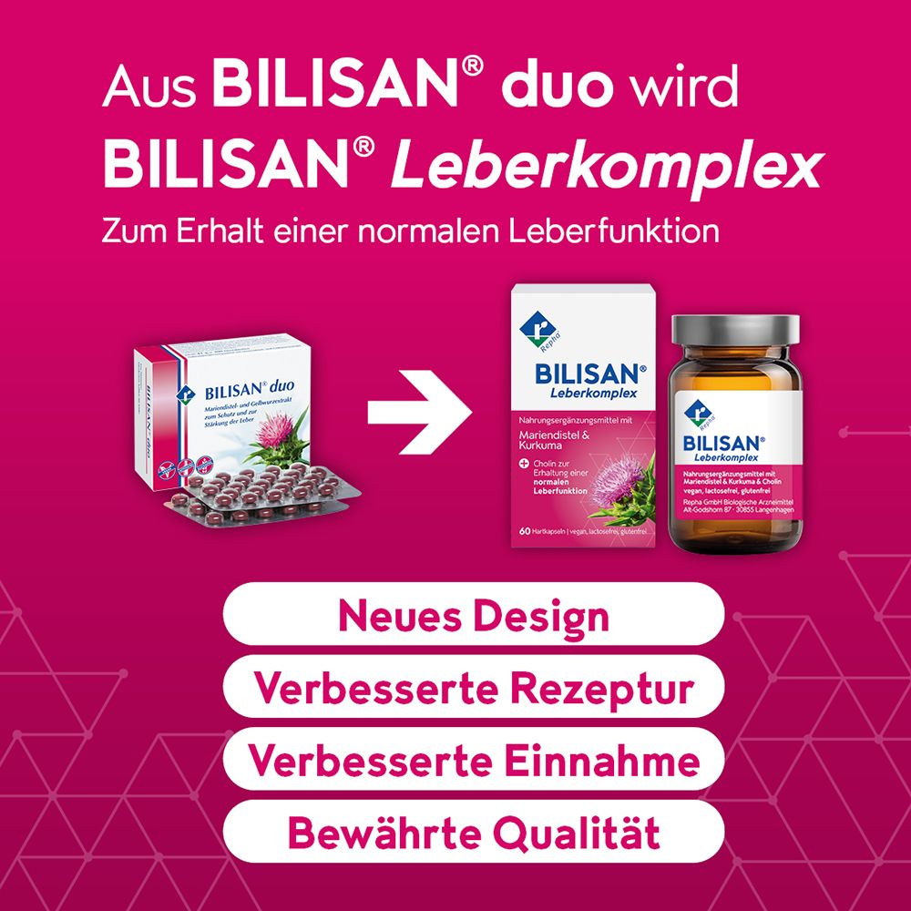 BILISAN Leberkomplex Kapseln in Faltschachtel und Fläschchen, mit Darstellung von Mariendistel und Kurkuma.