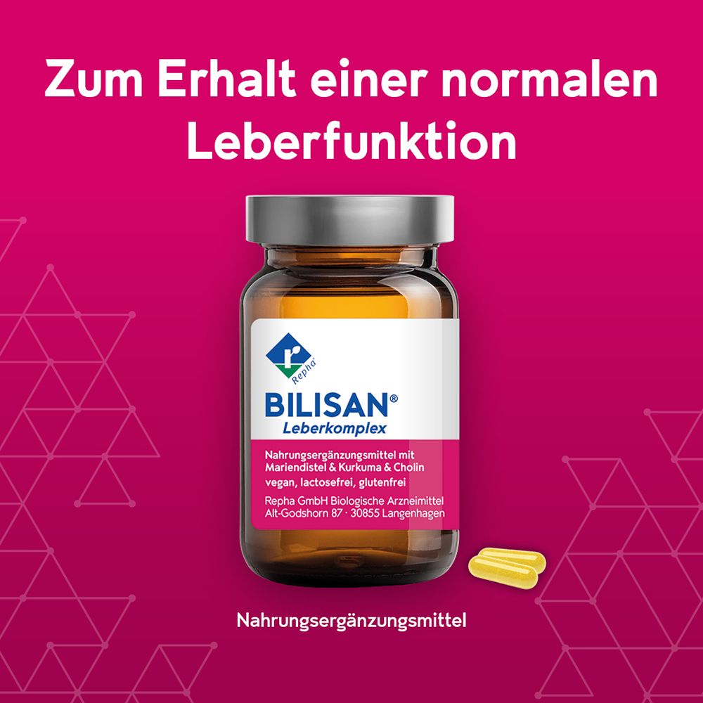 Bilisian Leberkomplex Nahrungsergänzungsmittel in Braunglasflasche mit Kapseln.