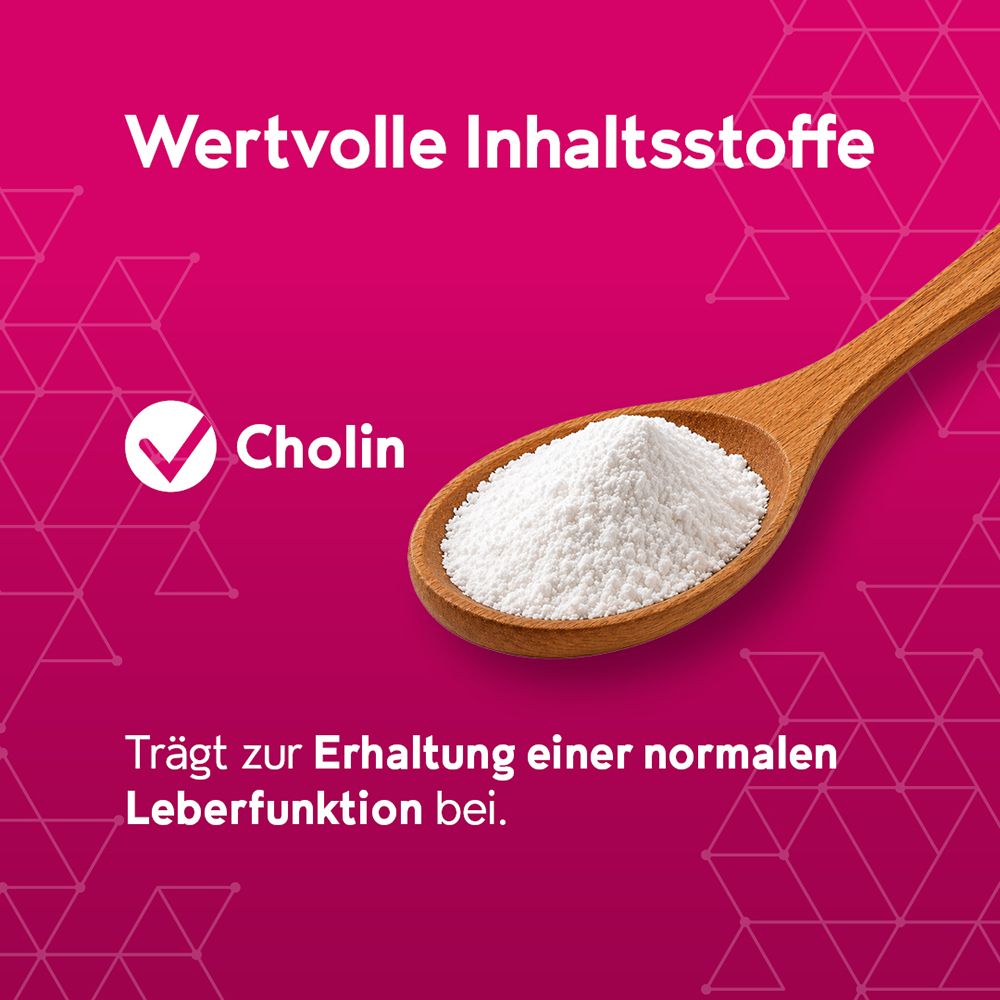 Holzlöffel mit weißem Pulver, Cholin zur Erhaltung einer normalen Leberfunktion.