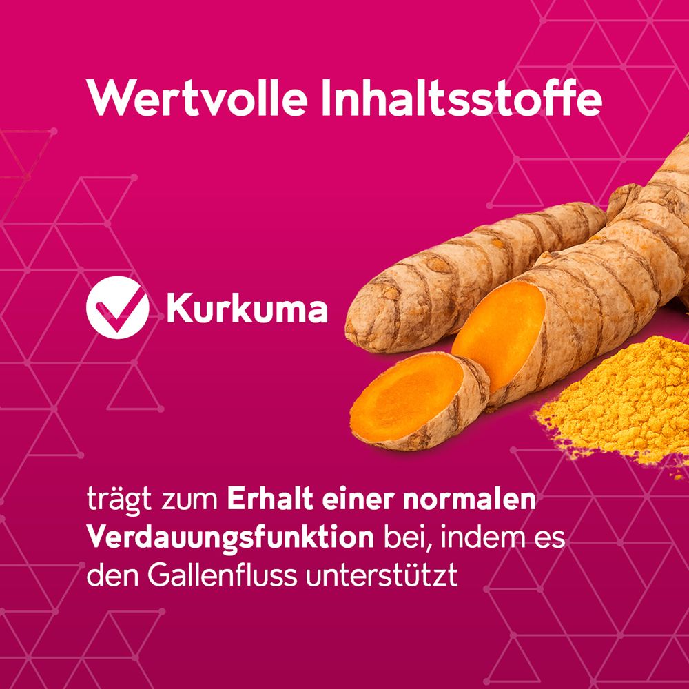 Kurkuma-Wurzel, geschnitten und gemahlen, mit Text über wertvolle Inhaltsstoffe und Verdauungsfunktion.