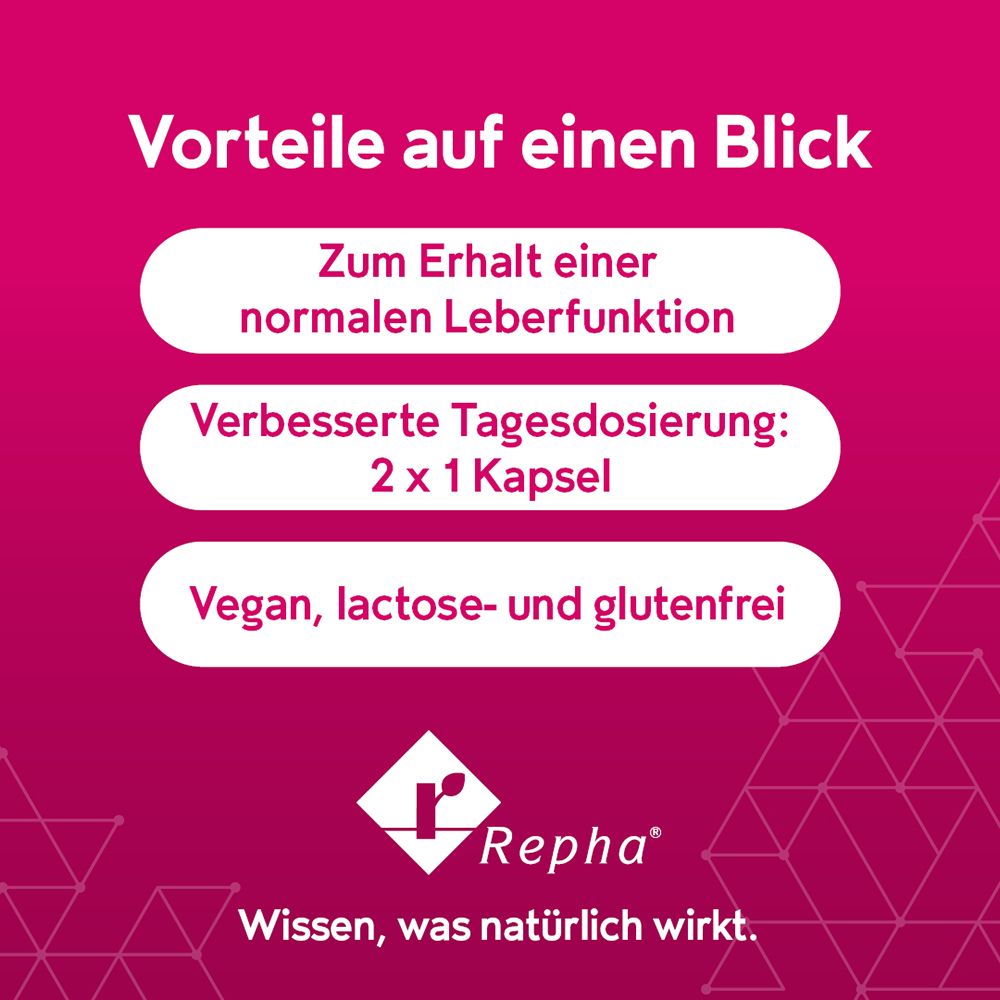 Vorteile auf einen Blick: Normale Leberfunktion, 2x1 Kapsel täglich, vegan, laktose- und glutenfrei. Repha Logo.