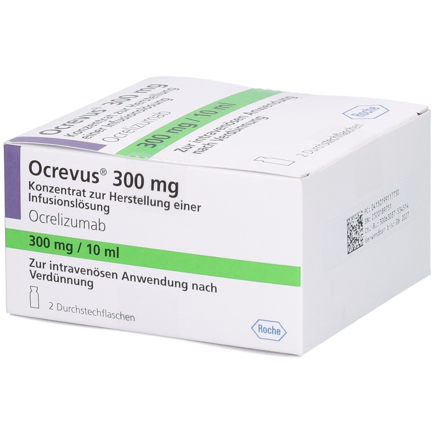 Weiße Schachtel mit Ocrevus 300 mg. Aufschrift: Konzentrat zur Herstellung einer Infusionslösung. 2 Durchstechflaschen.